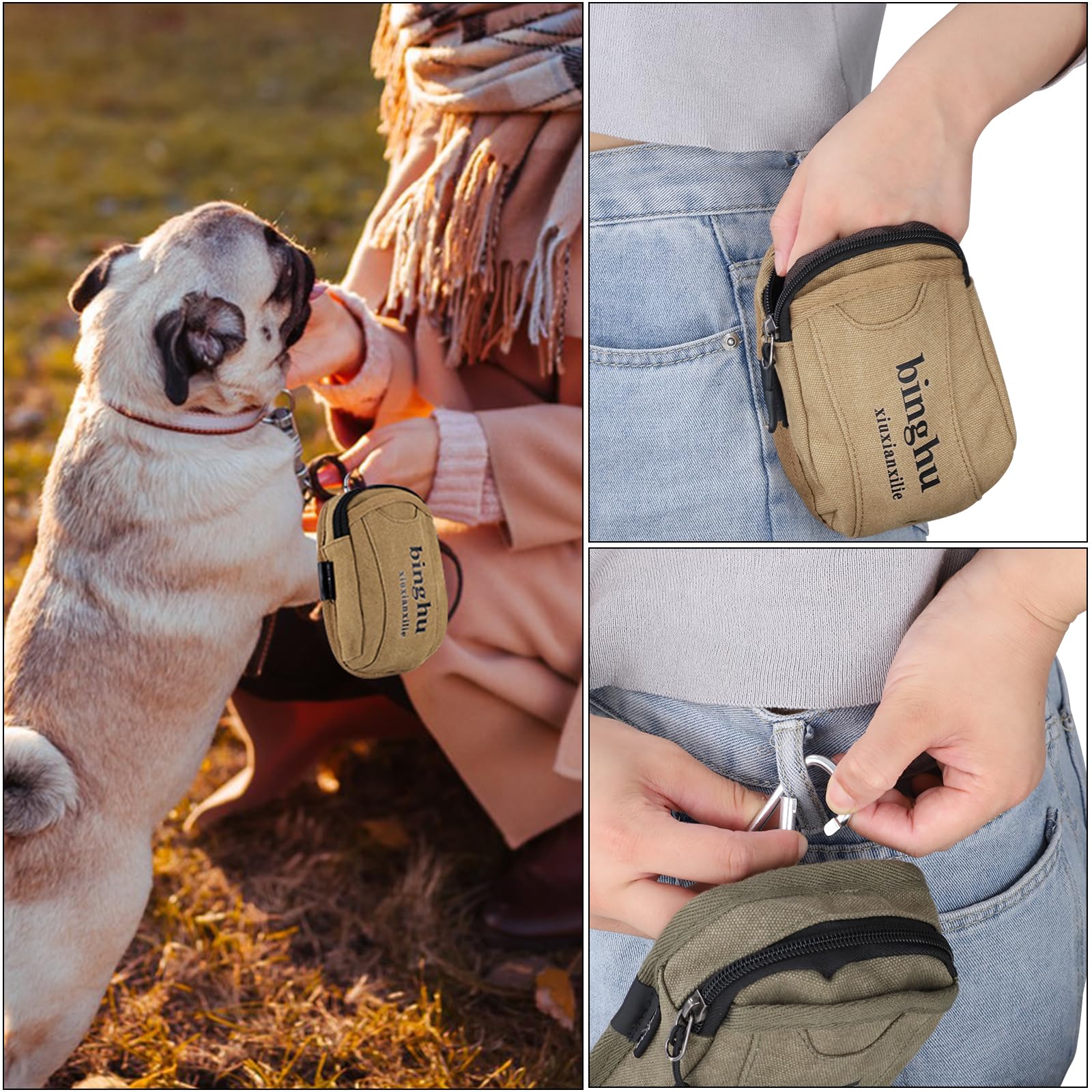 Lanjue 2 Pcs Dog Treat Pouchs, Dog Treat Bag for Training Outdoor Walking Travel Dog Walking Bags for Women Men Solid Color（Green and Khaki）