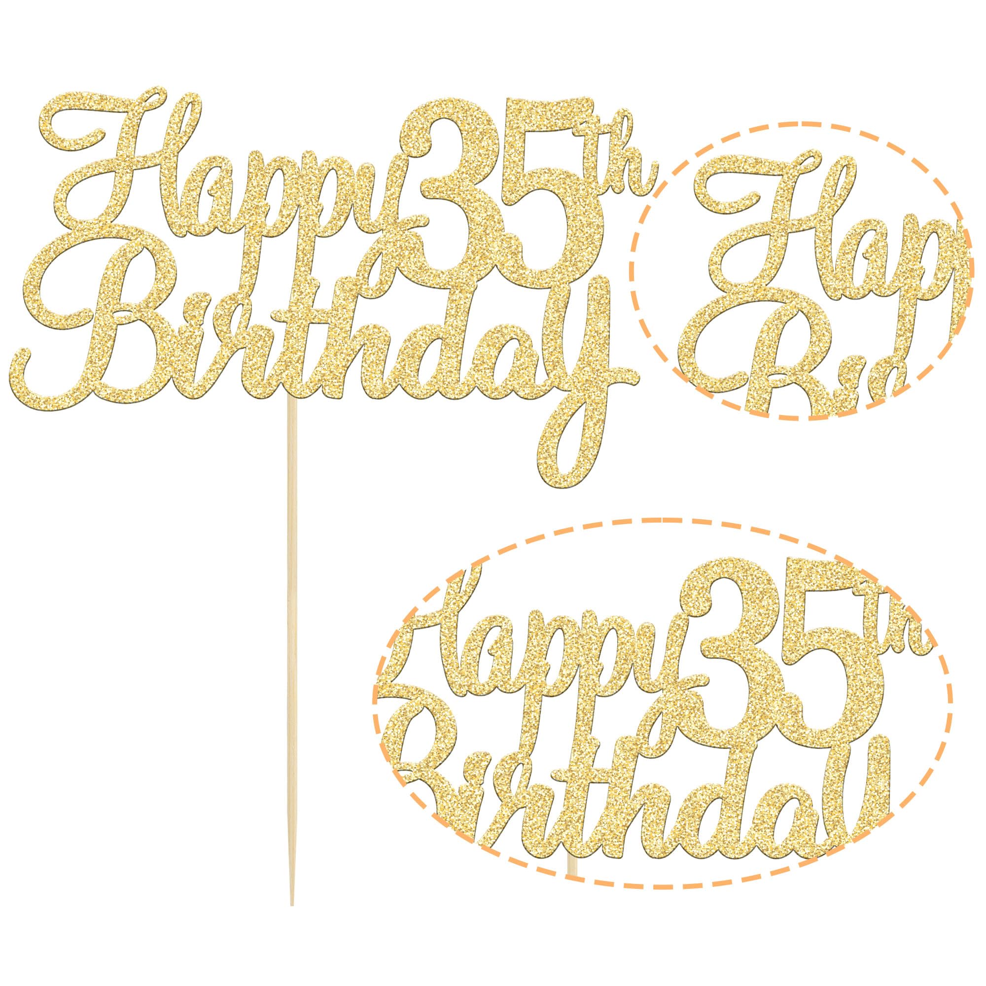 Gyufise 3Pcs Happy 35th Birthday Cake Topper Glitter 35th Birthday Cake Pick Cheers to 35 Years Old Thirty-five Fabulous Cake Decorations for 35th Birthday Theme Party Supplies Gold