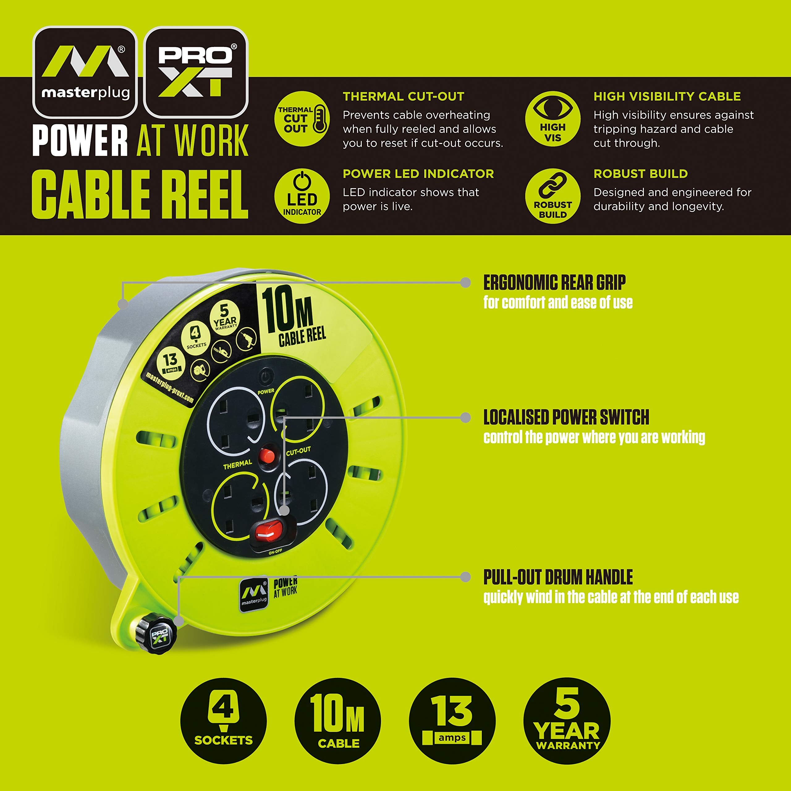 Masterplug Pro-XT Four Socket Medium Cassette Cable Reel with Winding Handle, Thermal Cut Out and Power Switch, 10 Metres, High Visibility Cable, Green