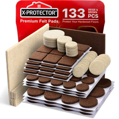 X-PROTECTOR Premium Two Colors Pack Furniture Pads 133 Piece! Felt Pads Furniture Feet Brown 106 and Beige 27 Various Sizes - Best Wood Floor Protectors. Protect Hardwood & Laminate Flooring