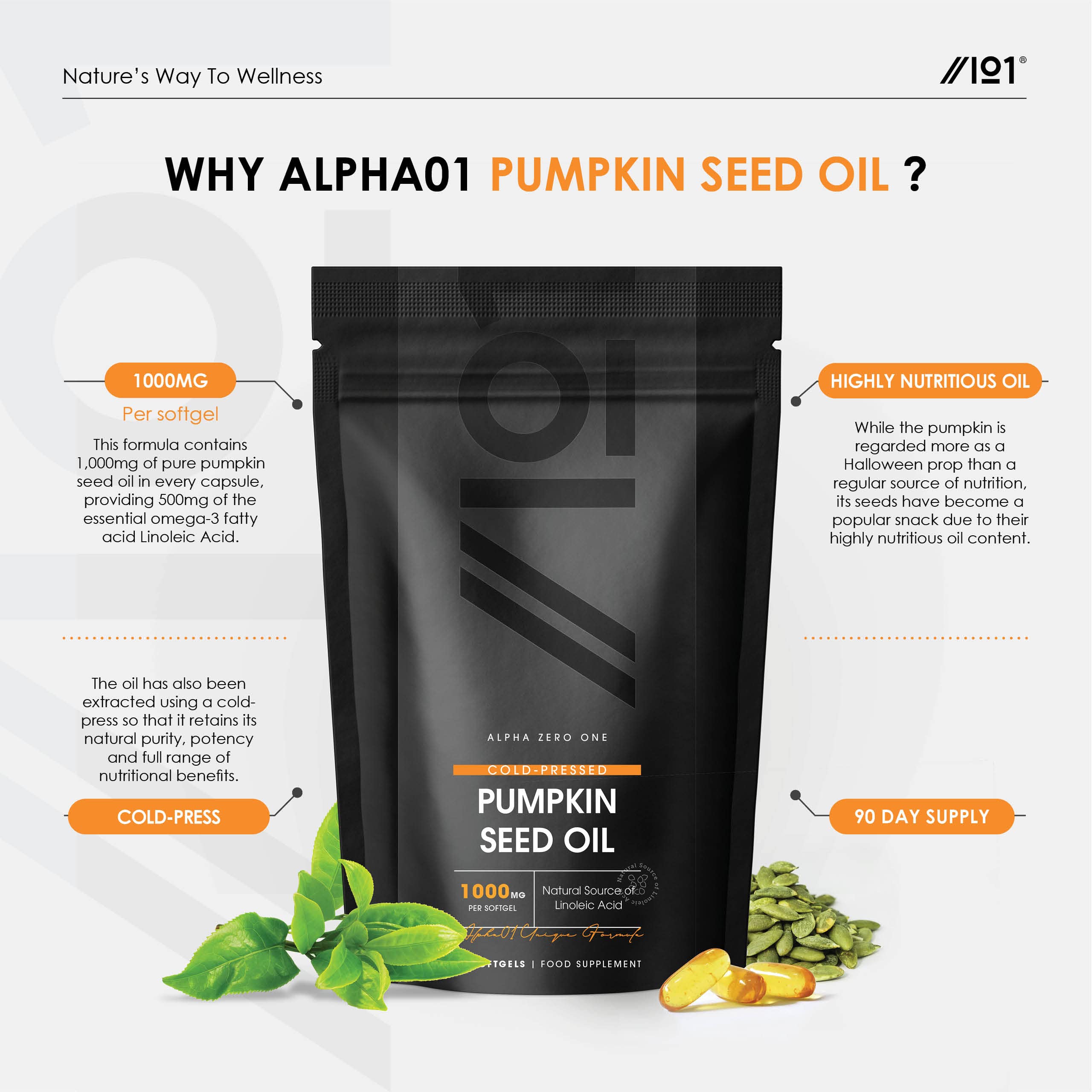 Pumpkin Seed Oil 1000mg - 90 Softgels - 100% Cold Pressed - No Additives (3 Months Supply) by Alpha01