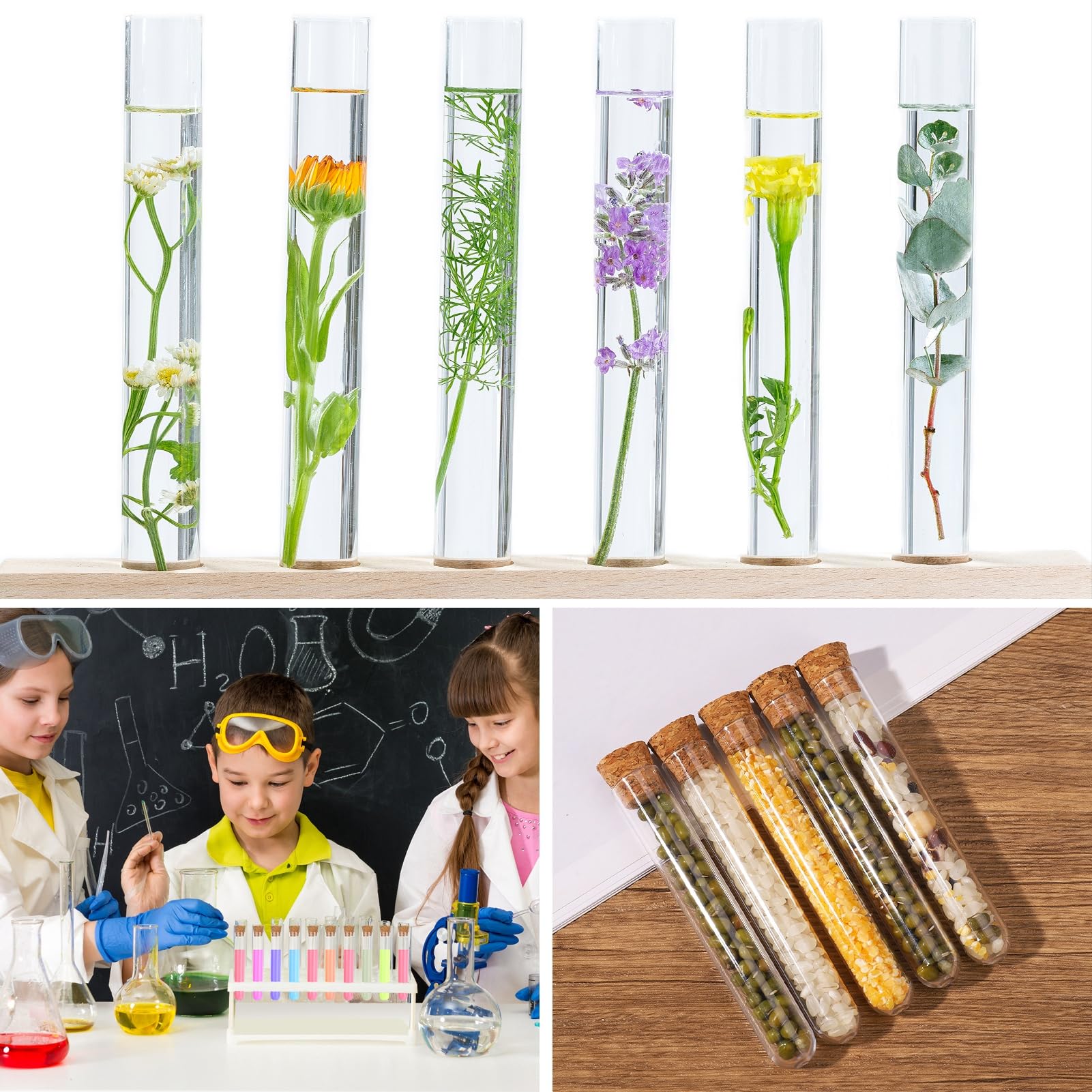 FRIUSATE 50 PCS Plastic Test Tubes, 5ML Clear Plastic Test Tubes with Cork Stoppers, Transparent Sealing Storage Plastic Tube with Cleaning Brush for Flowers Spices Candy Liquid Laboratory