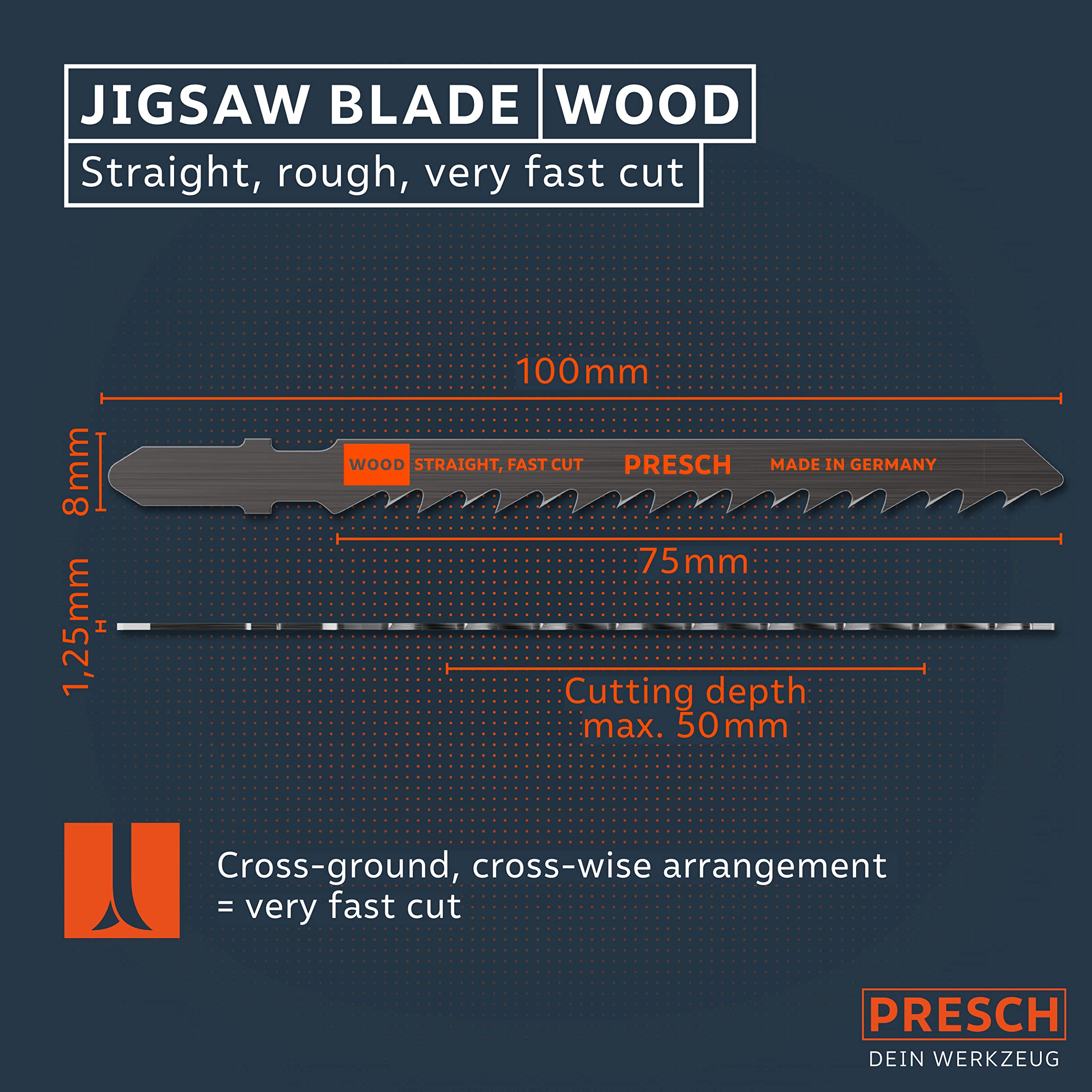 Presch Jigsaw Blades Wood 10 pcs. (Fast, Straight) - Rapid, Straight Cut (5-50mm) - Durable T-Shaft Saw Blades for All jigsaws - Saw Blades for chipboard Sheets, softwood, MDF and Many More