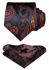 HISDERN Men's Black Orange Paisley Floral Tie Handkerchief Wedding Party Ties for Men Necktie & Pocket Square Set