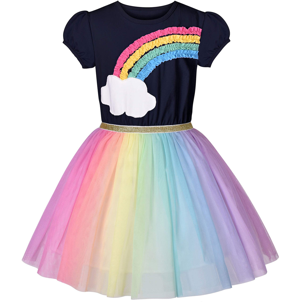 Sunny Fashion Girls Dress Navy Blue Short Sleeve Rainbow Tulle Skirt Birthday Party Age 7 Years