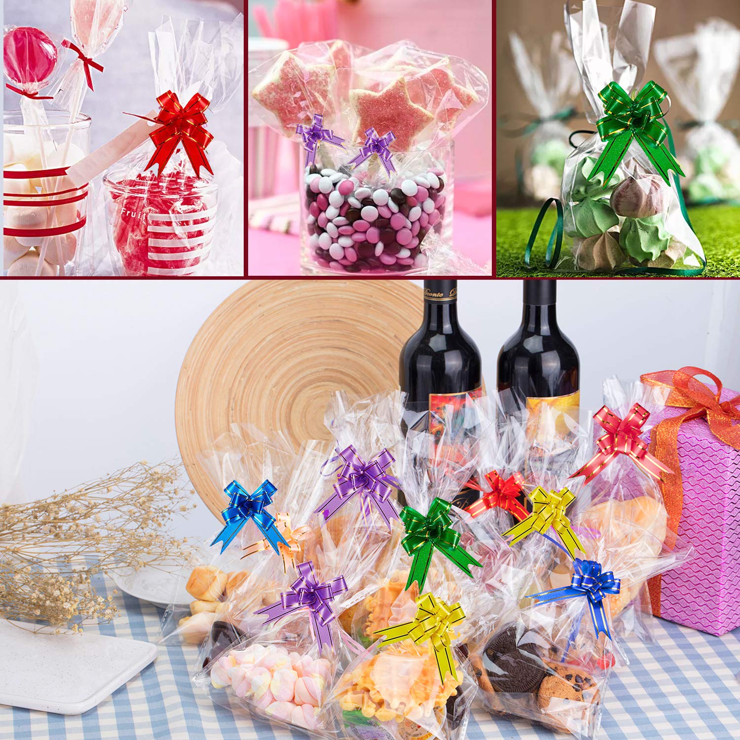 50PCS Clear Cellophane Treat Bags, AUERVO 13 x 18 cm Clear Resealable Flat Cello Bags Sweet Party Gift Bags Candy/Cookie/Gift/with 50PCS Colorful Pull Bows… (13x18 cm Cellophane Treat Bags)