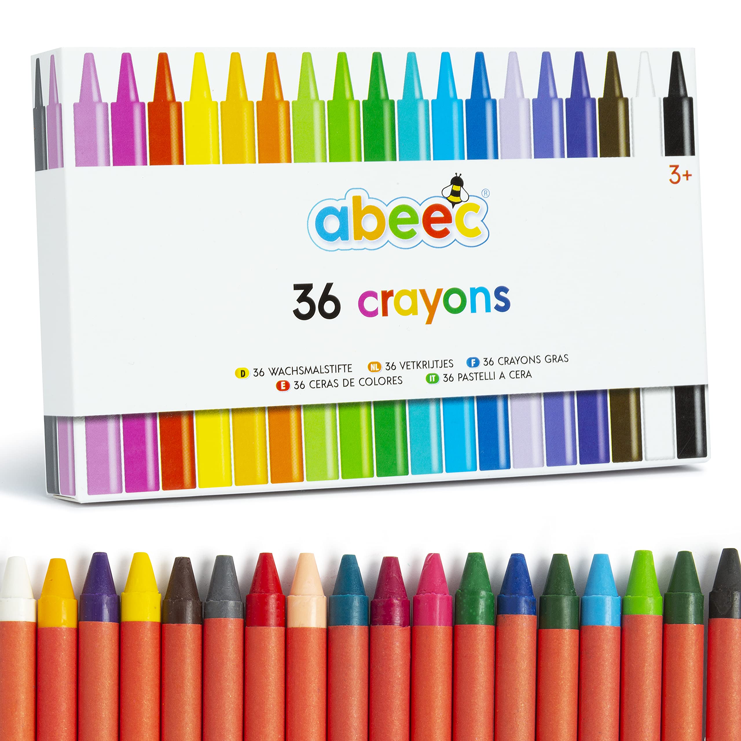 abeec 36 Crayons - Set of 36 Assorted Wax Crayons for Kids - 18 Different Coloured Colouring Crayons with 2 of Each Colour– Art and Crafts Supplies for Kids