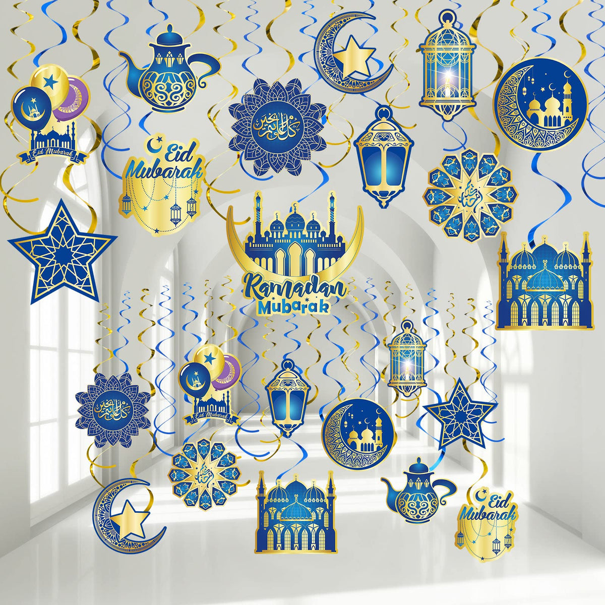 Zonon 30 Pieces Ramadan Mubarak Decorations, Eid Mubarak Hanging Swirl Shining Gold Star Moon Lantern Ceiling Foil Decor for Eid Al-fitr Party Egyptian Holiday Decorations Supplies (Blue and Gold)