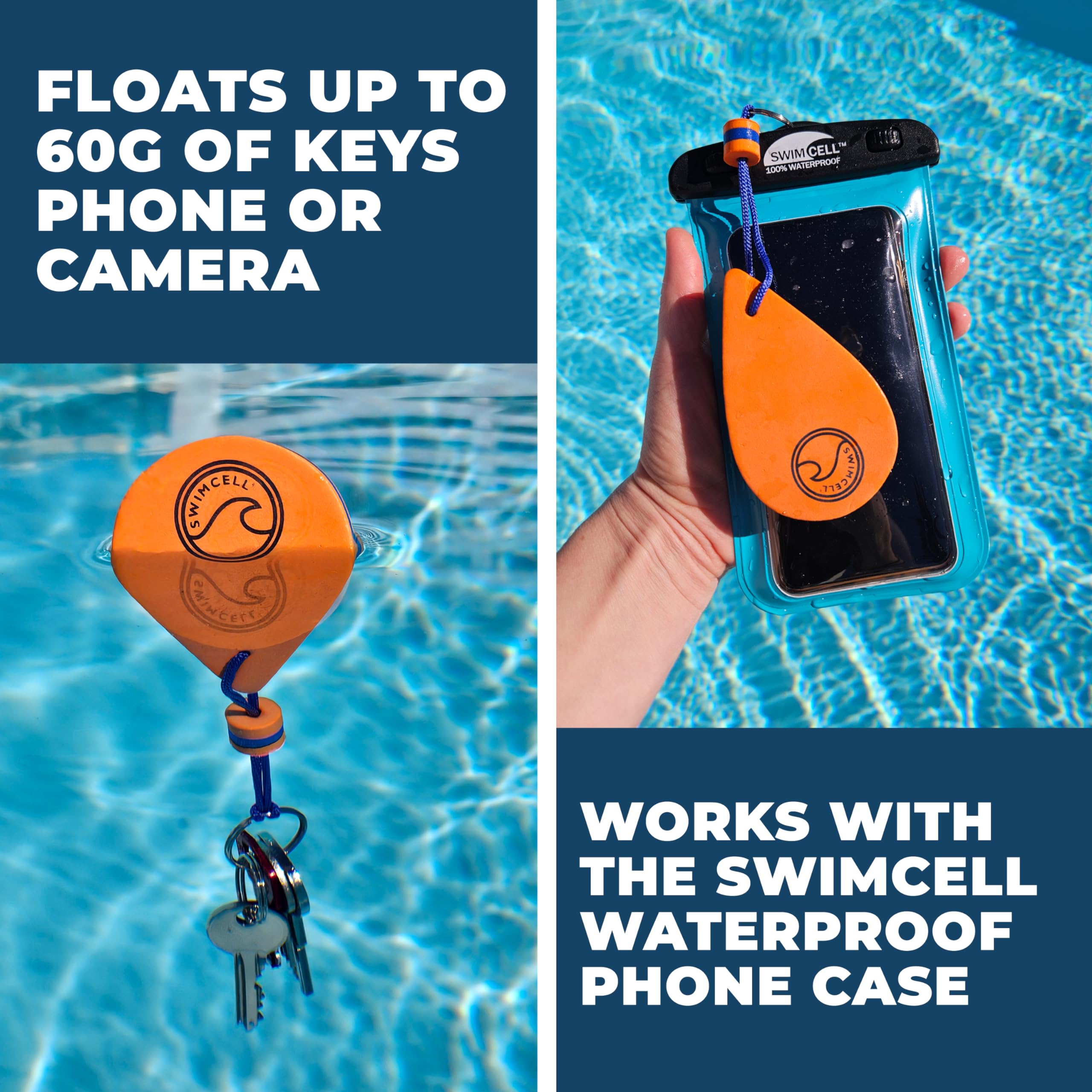 SwimCell Floating Keyring for Boat Keys. Floats 60gm in Water - 3 Times More Than A Marine Cork! Key Float Nautical Keychain Sailing Gift. Key Buoy For Action Camera & Phone Case- Orange