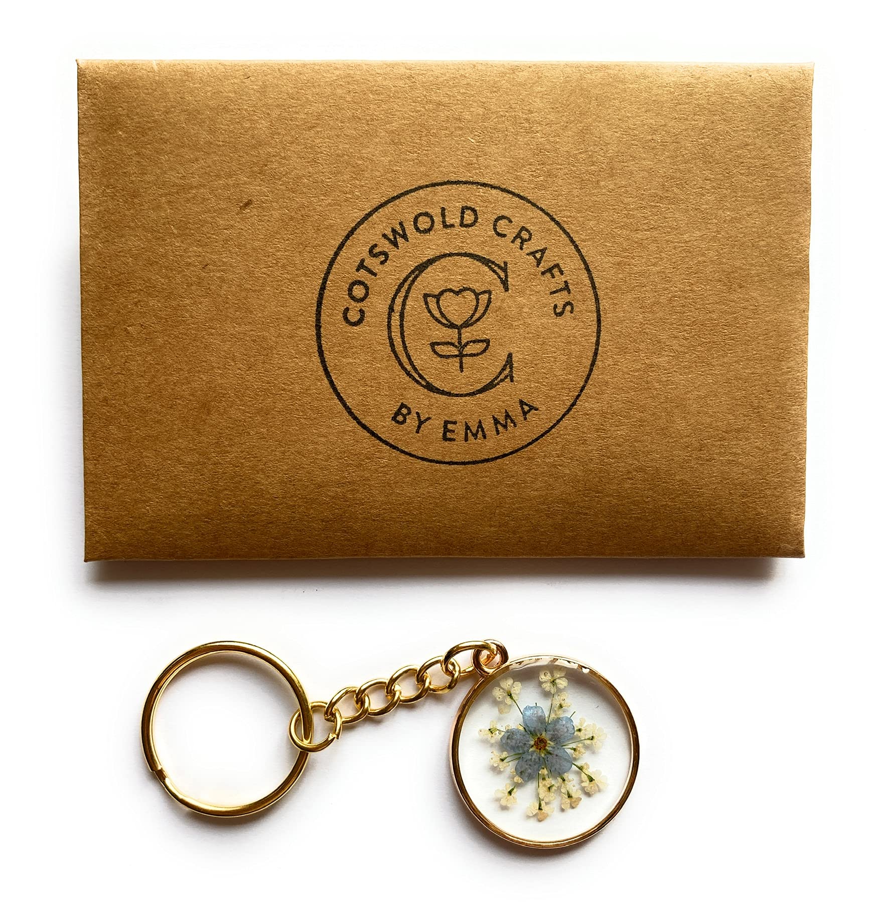 Handmade Forget me Not Keyring with Cotswold pressed flowers. Remembrance, thinking of you, keepsake or car accessory, new home keychain gift (gold)