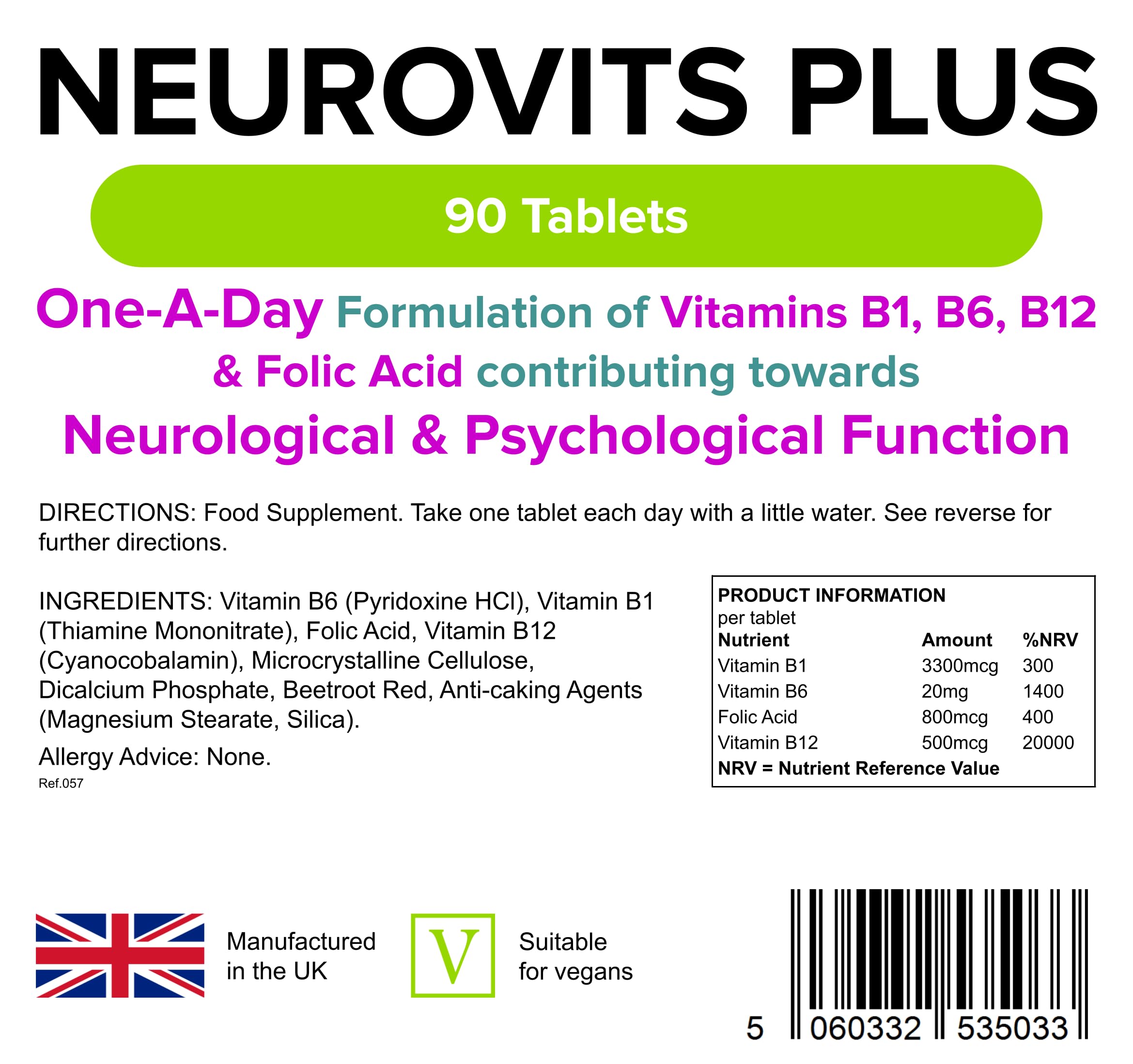 Lindens Neurovits Plus Tablets - 90 Pack - Contains Vitamin B1, B6, B12 & Folic Acid Contributes Towards Normal Psychological Function, Healthy Heart & Nervous System - UK Manufacturer, Letterbox Friendly