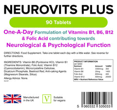 Lindens Neurovits Plus Tablets - 90 Pack - Contains Vitamin B1, B6, B12 & Folic Acid Contributes Towards Normal Psychological Function, Healthy Heart & Nervous System - UK Manufacturer, Letterbox Friendly