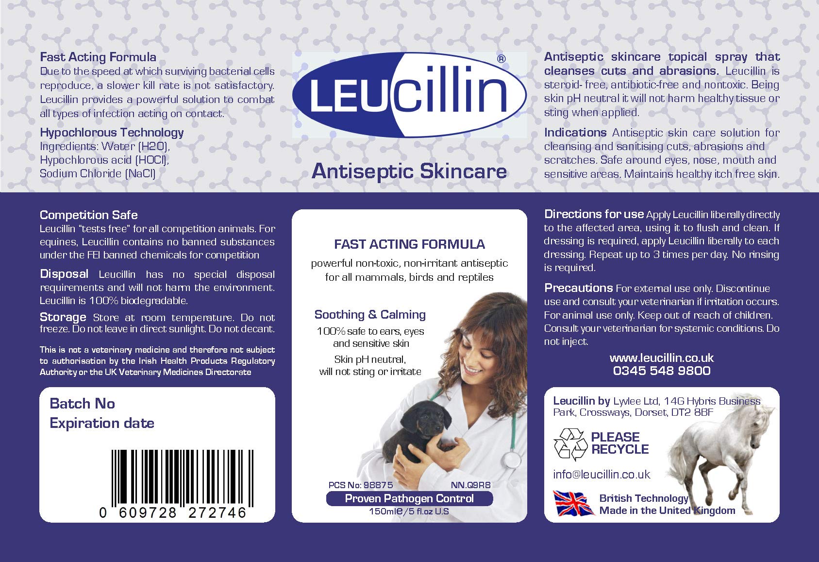 Leucillin Natural Antiseptic Spray - Antibacterial Antifungal Antiviral for Dogs Cats All Animals Itchy Skin Minor Wound Care and Skin Health   150ml