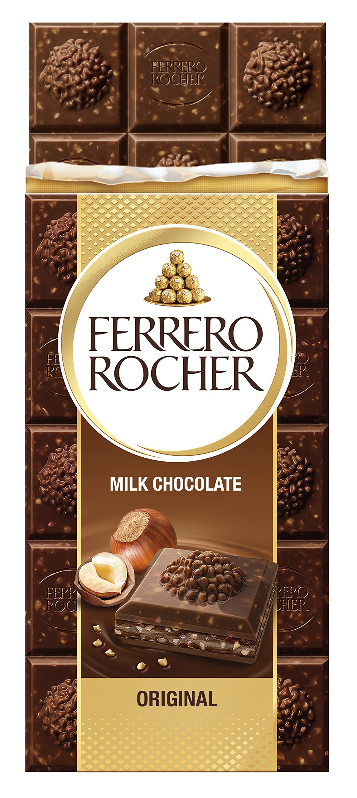 Ferrero Rocher Original Milk Chocolate Bar and Hazelnut, 90g