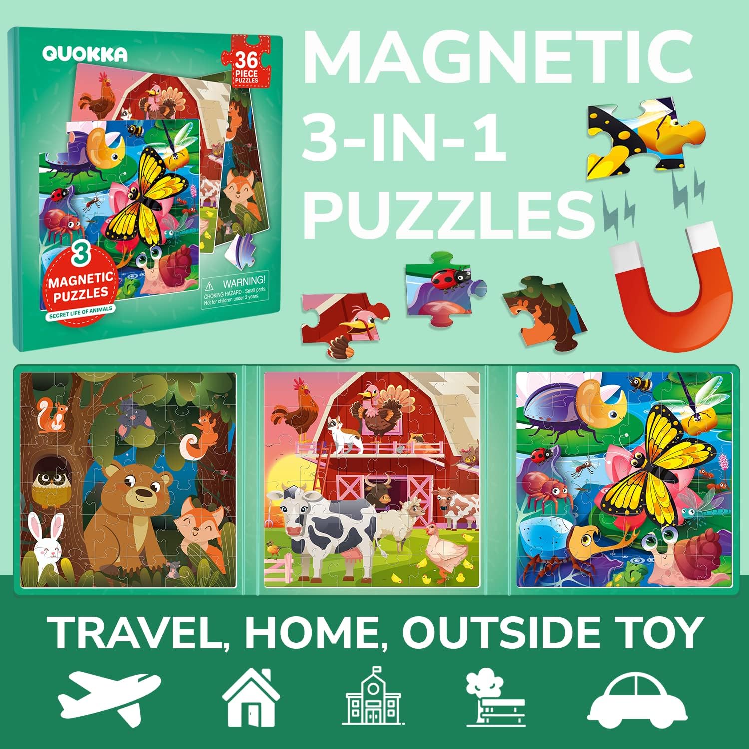 Magnetic Puzzles for Kids Ages 3-5 - 36 Pcs Travel Toddler Puzzles Ages 2-4 by QUOKKA - Animal Car Activities Toy for Boys and Girls 4-8 yo - Learning Magnet Gift for Road Trip