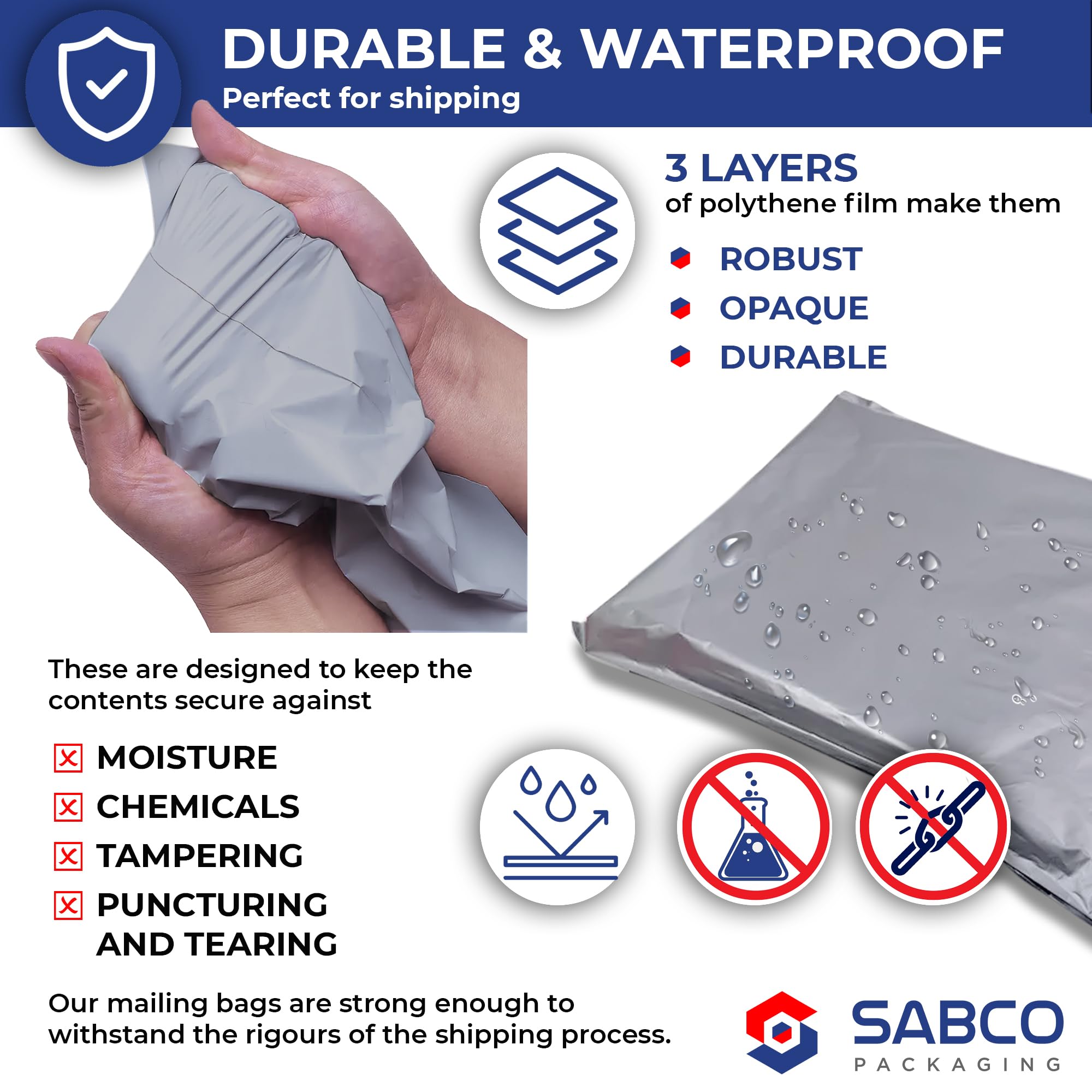 Sabco - Mailing Bags – 15 x 18 Self Adhesive, 5 Waterproof and Tear-Proof Postal Bags – Extra Large Sized Grey Plastic Mailing Mail Post Postage Plastic Bags (15 x 18 inches, 5)