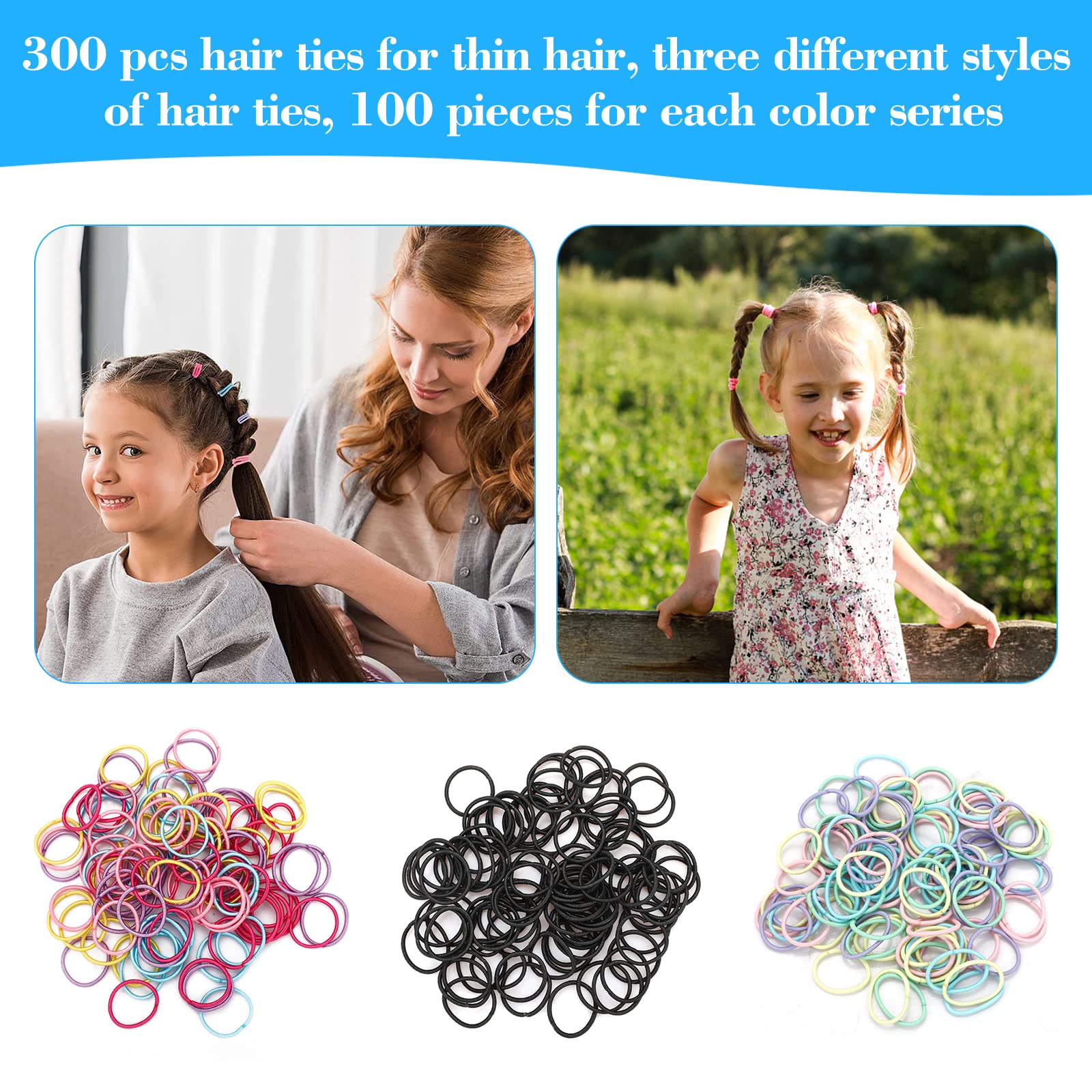 300pcs Multicolor Elastic Hair Bands,Girls Hair Ties for Thin Hair,Small Hair Ponytail Holders for Baby,2mm Thin Hair Tie for Kids,Hair Styling Accessories for Toddlers