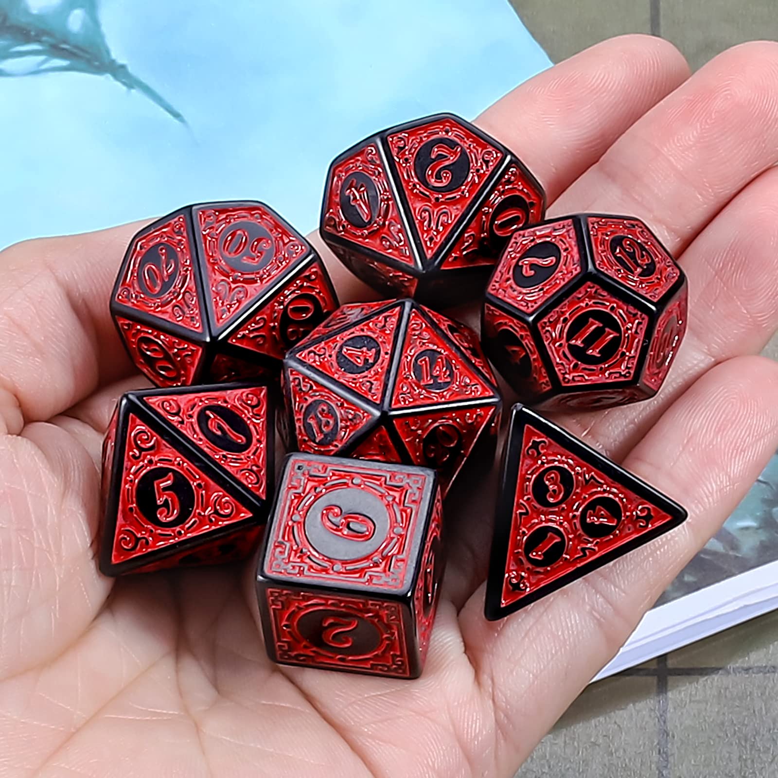 QMAY DND Dice Polyhedral Dice Set - 7 Pieces for Dungeon and Dragons MTG RPG D&D D20, D12, D10, D%, D8, D6, D4 (Red Engraving)