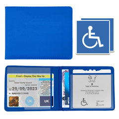 Disabled Blue Badge & Timer Holder Wallet PU Leather Protector Disability Parking Permit Discreet Cover Hologram Safe with 2X Disabled Stickers Included (Blue)