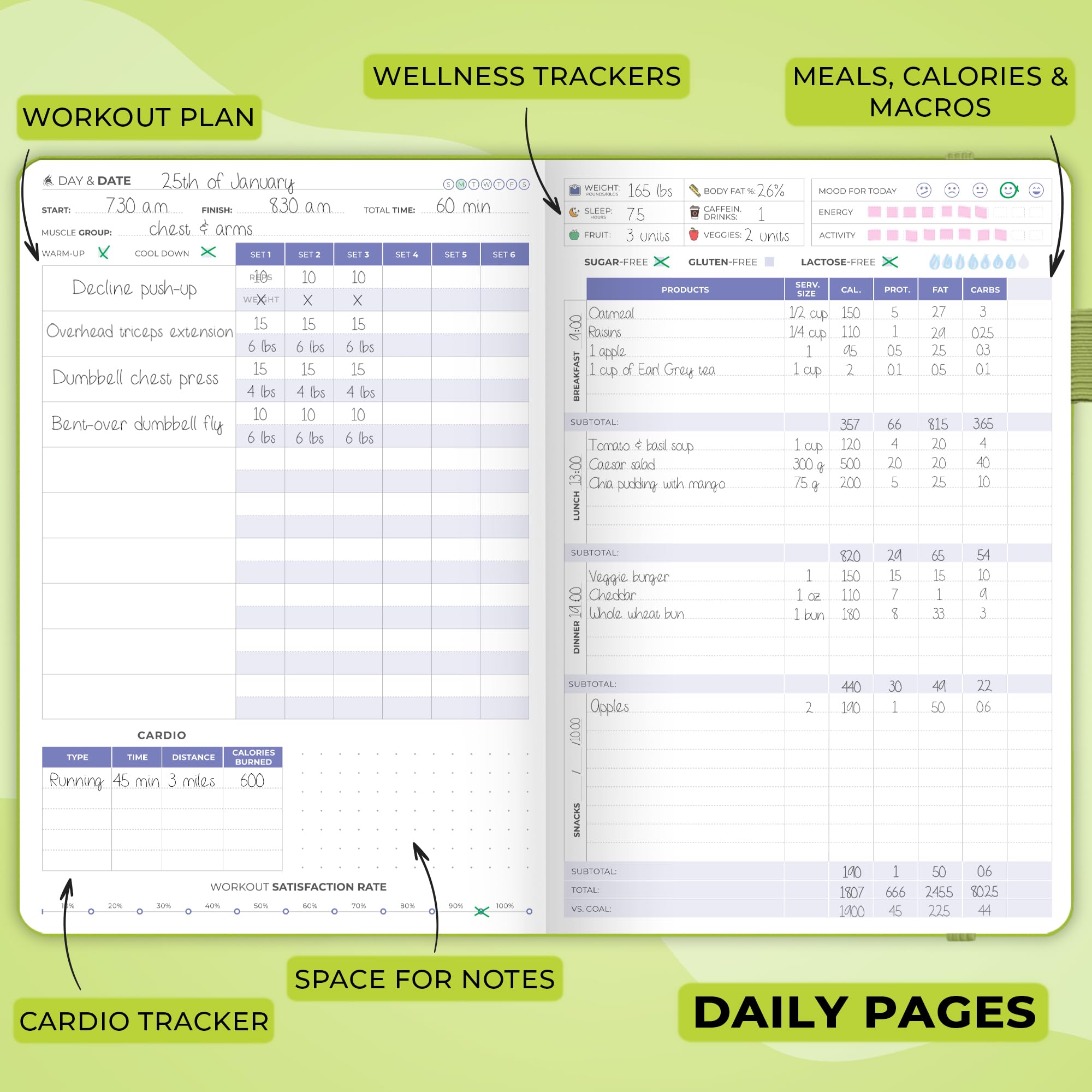 Clever Fox Fitness & Food Journal – Nutrition & Workout Planner for Women & Men – Diet & Gym Exercise Log Book with Calendars, Diet & Training Trackers - Undated, A5, Hardcover (Apple Green)