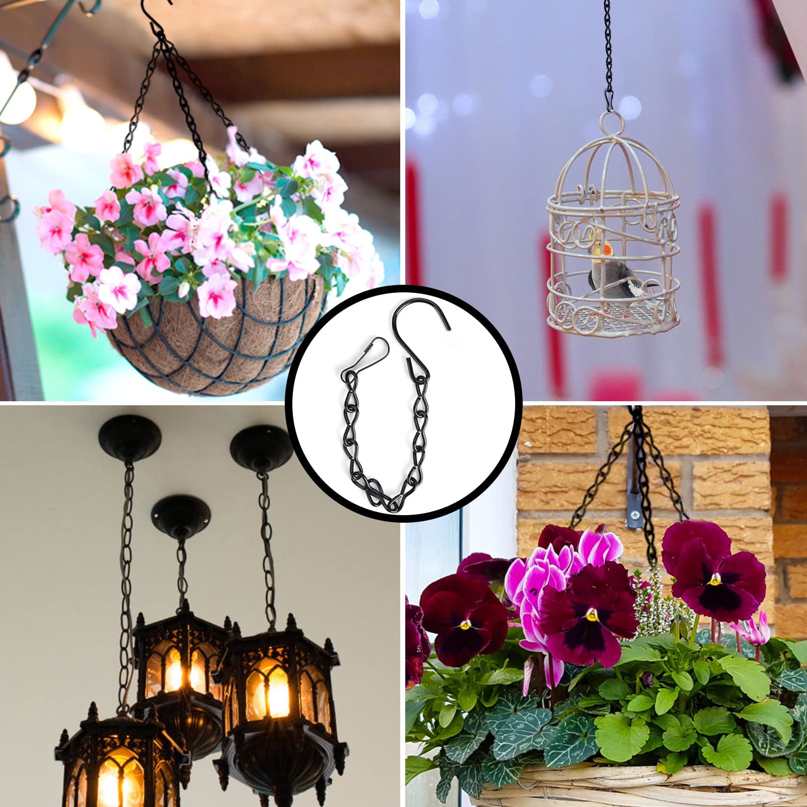 8 PCS Hanging Tray Set   Black Sturdy Metal Mesh Hang Chains Kit S-Shaped Hook for Home Outdoor Wild Bird Table Seed Feeding Planters Lanterns Decorations