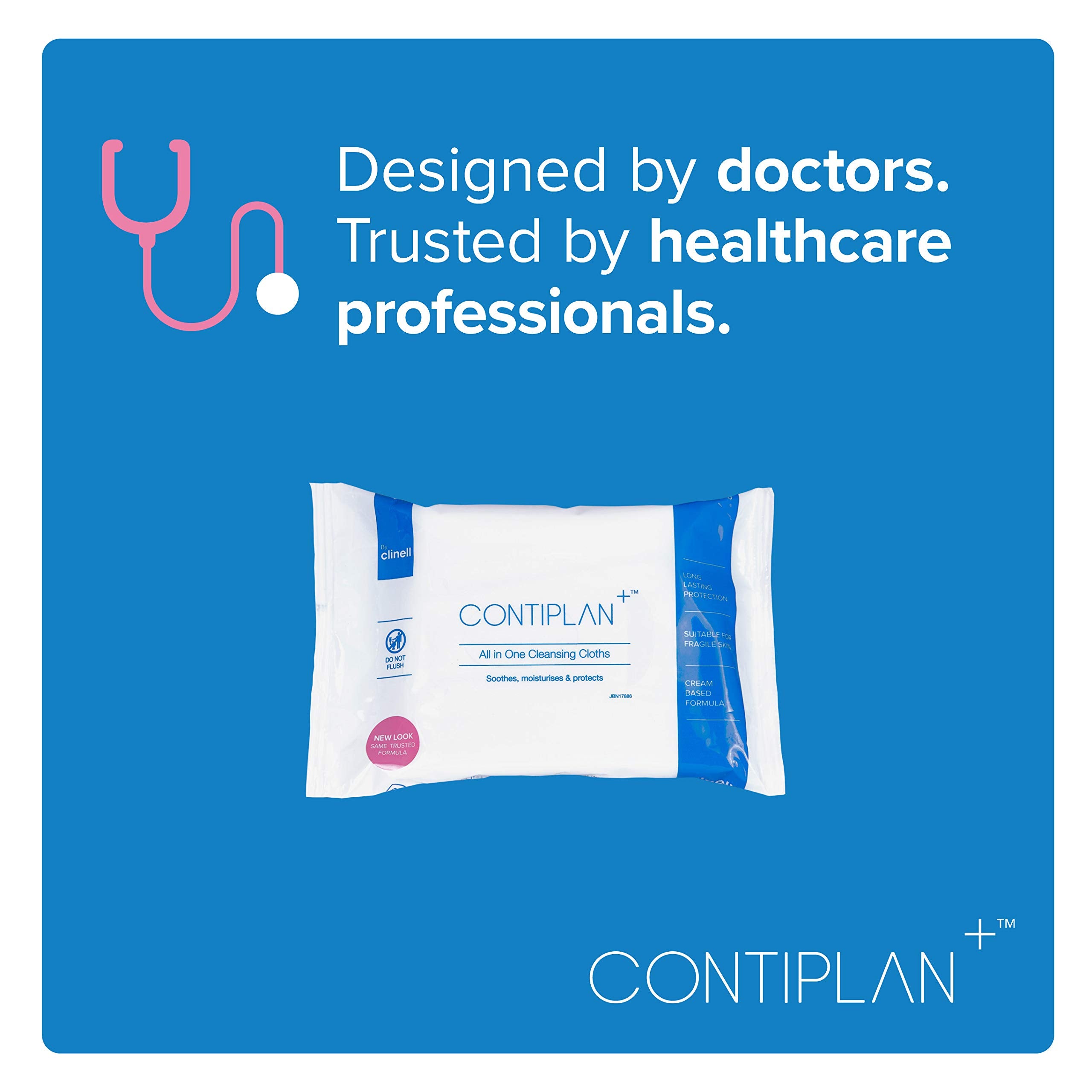 CONTIPLAN Incontinence Cleansing Cloths with Barrier Cream - Packs of 8 Cloths - All in One Cleansing Wipes Cleanses, Soothes and Moisturises - White