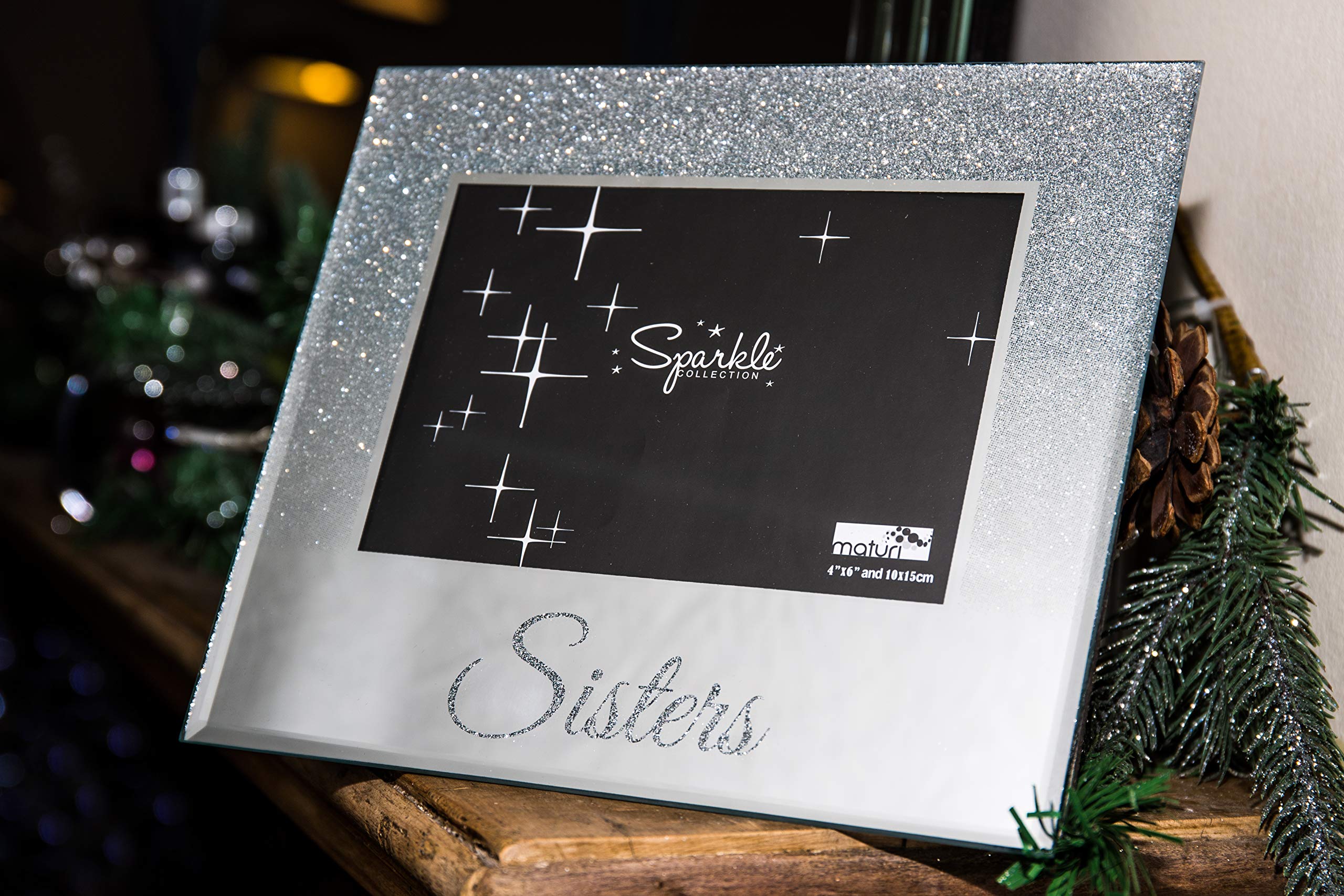 Maturi Silver Glitter Photo Frame, Mirrored 6 x 4 Inch, Sisters Gift