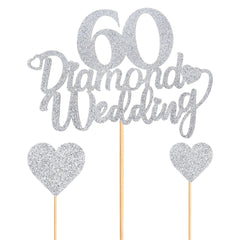 Blumomon 25Pcs 60th Wedding Anniversary Cake Toppers Silver Glitter 60th Diamond Weddding Anniversary Heart Cake Decoration for Celebration 60th Wedding Anniversary Party Supplies