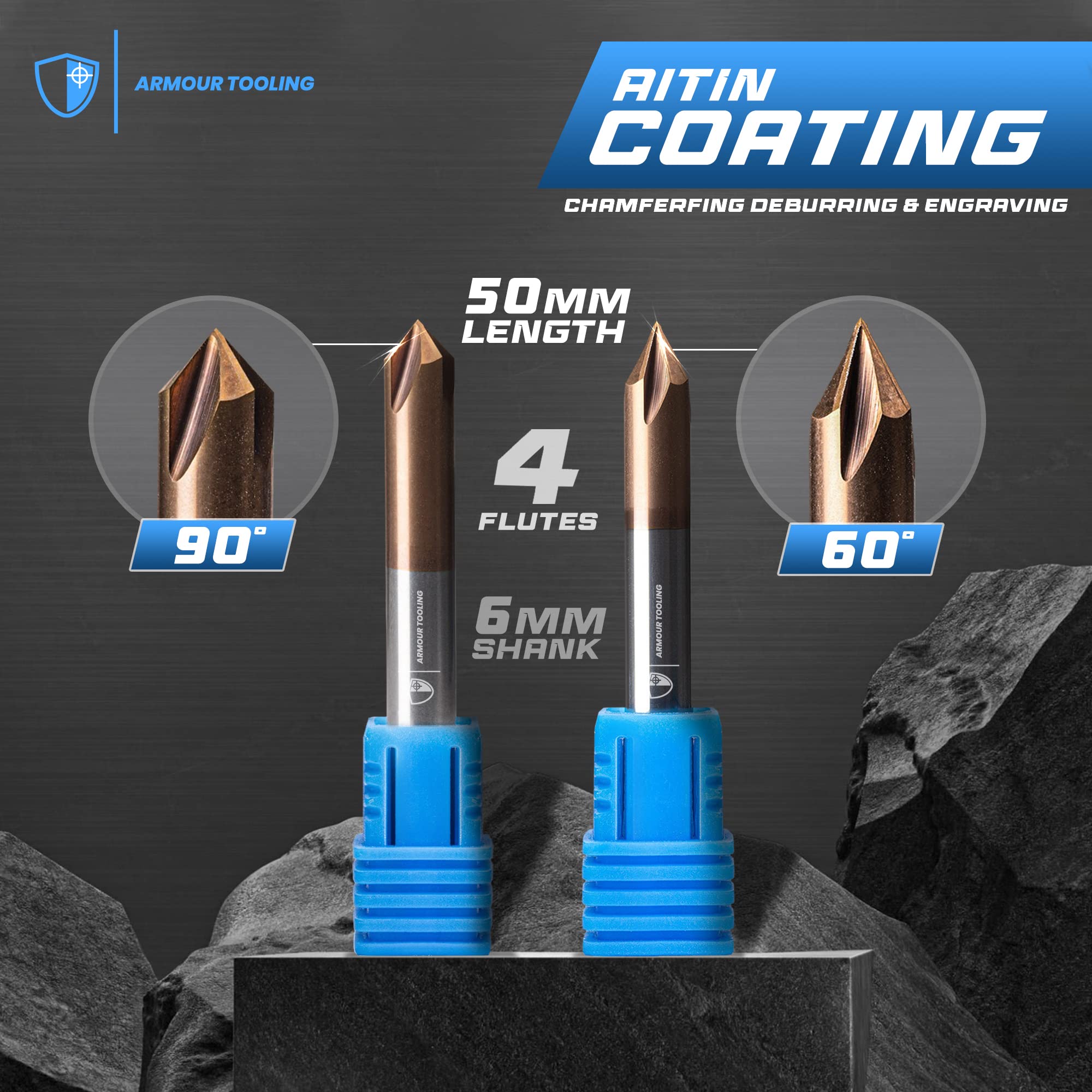 ARMOUR TOOLING - 6mm CNC router v bit - solid carbide (1/4 inch - 0.35mm) 4 flute v bit Carving and Chamfering & Deburring (60 Degree) Suitable for a wide range of materials