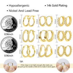 Gold Hoop Earrings Set, 9 Pairs Multipack Small Gold Hoop Earrings for Women, 14k Real Gold Plated Hoop Earrings with AAAand Cubic Zirconia Twist Heart Hypoallergenic Piercing Cartilage Hoops