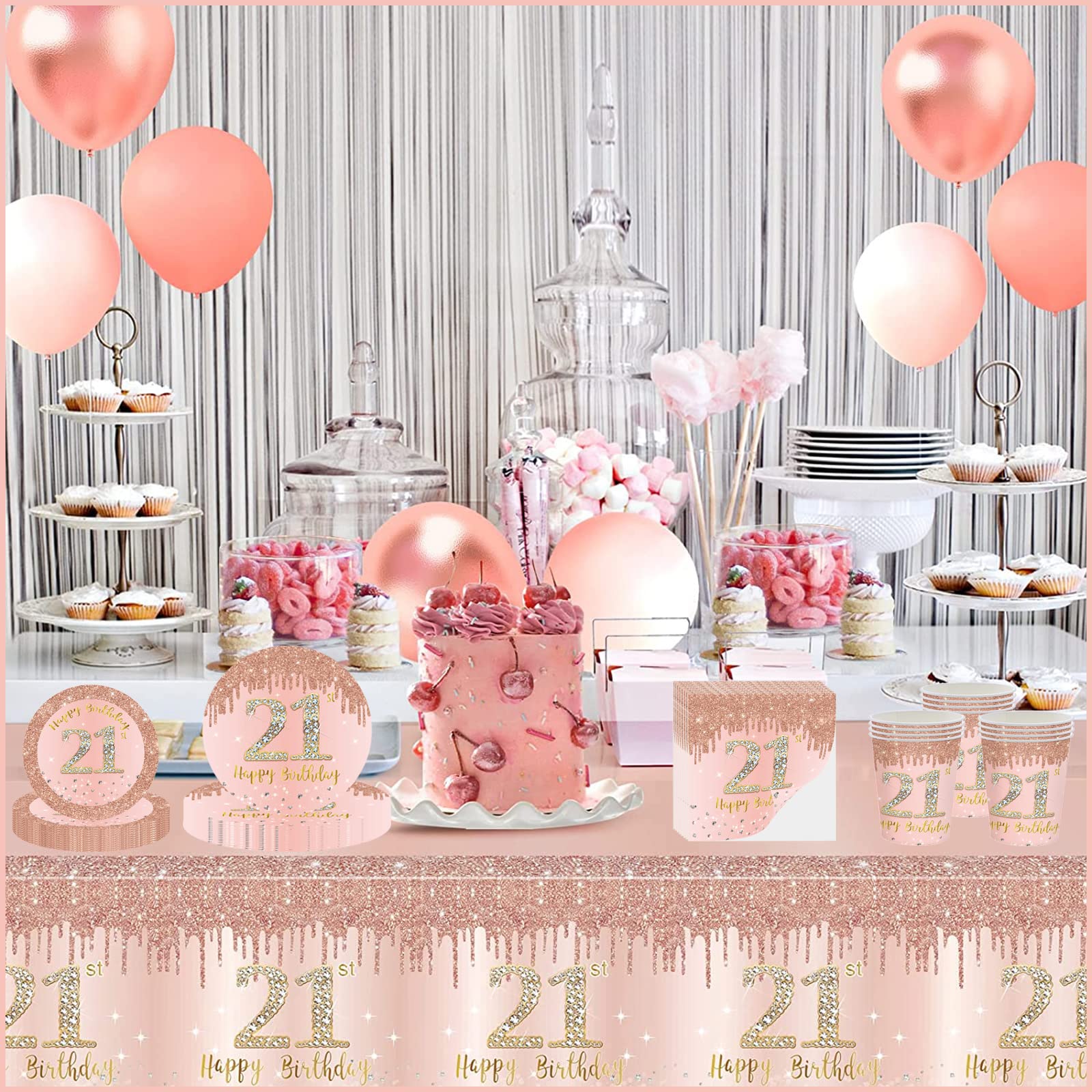 137*274cm Rose Gold 21st Birthday Table Cloth 21st Party Table Decorations,21st Birthday Tablecover Rose Gold Plastic Disposable Waterproof Table cover for Girl,Women,Her Birthday Party Decorations