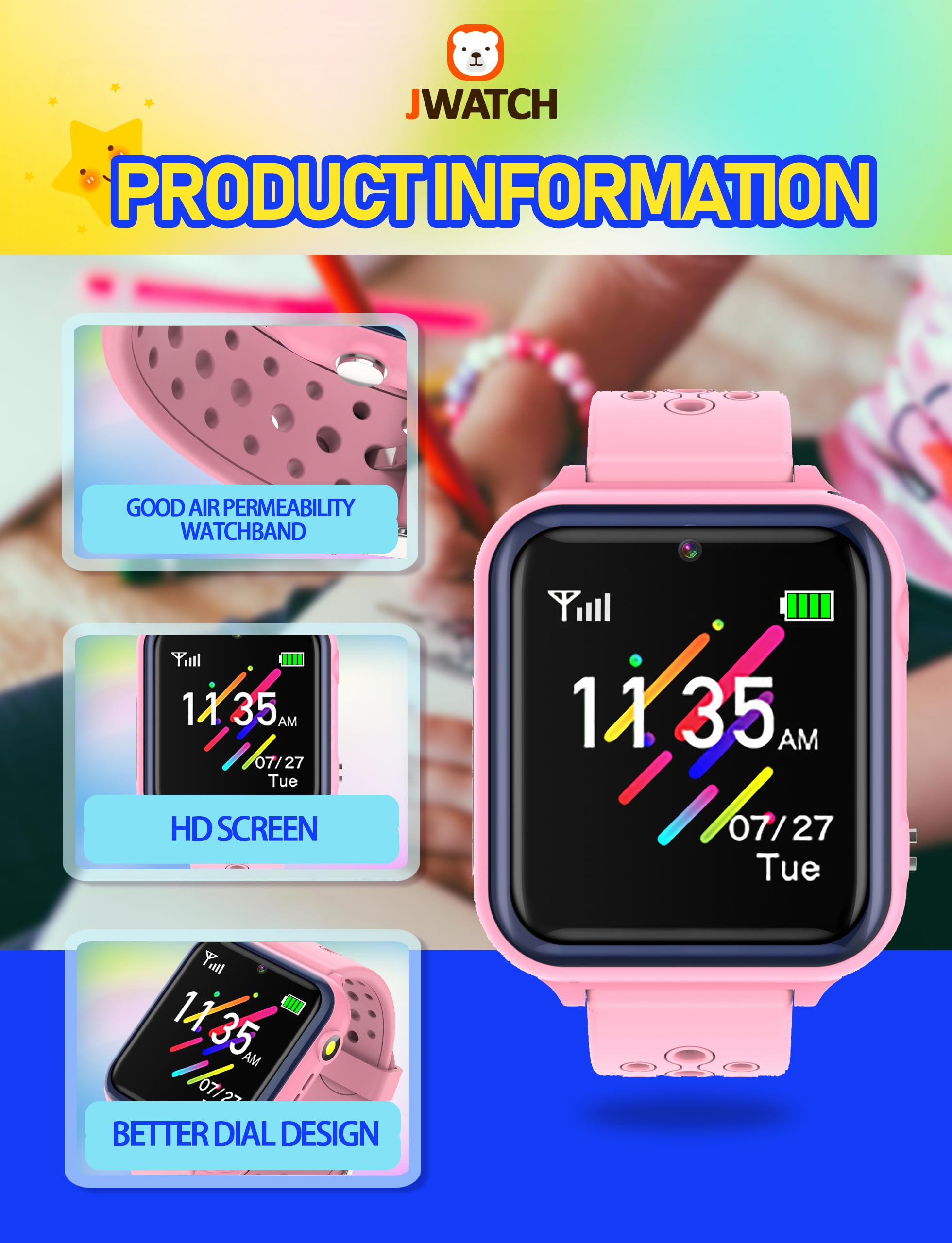 Jwatch Kids Smart Watch Phone Sos with 10 Stories 16 Puzzle Games Stopwatch Alarm Clock Kids Watches Toys for 6 7 8 9 10 11 12 Boys Girls Gift for Birthday Christmas （Pink）…