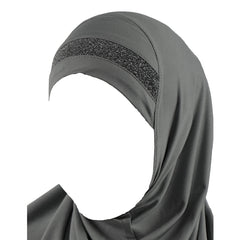 Yaqeen Girls instant headscarf hijab al Amira with glitter borde, readymade pull on scarf, ideal for any occassion school/nursery (Grey)