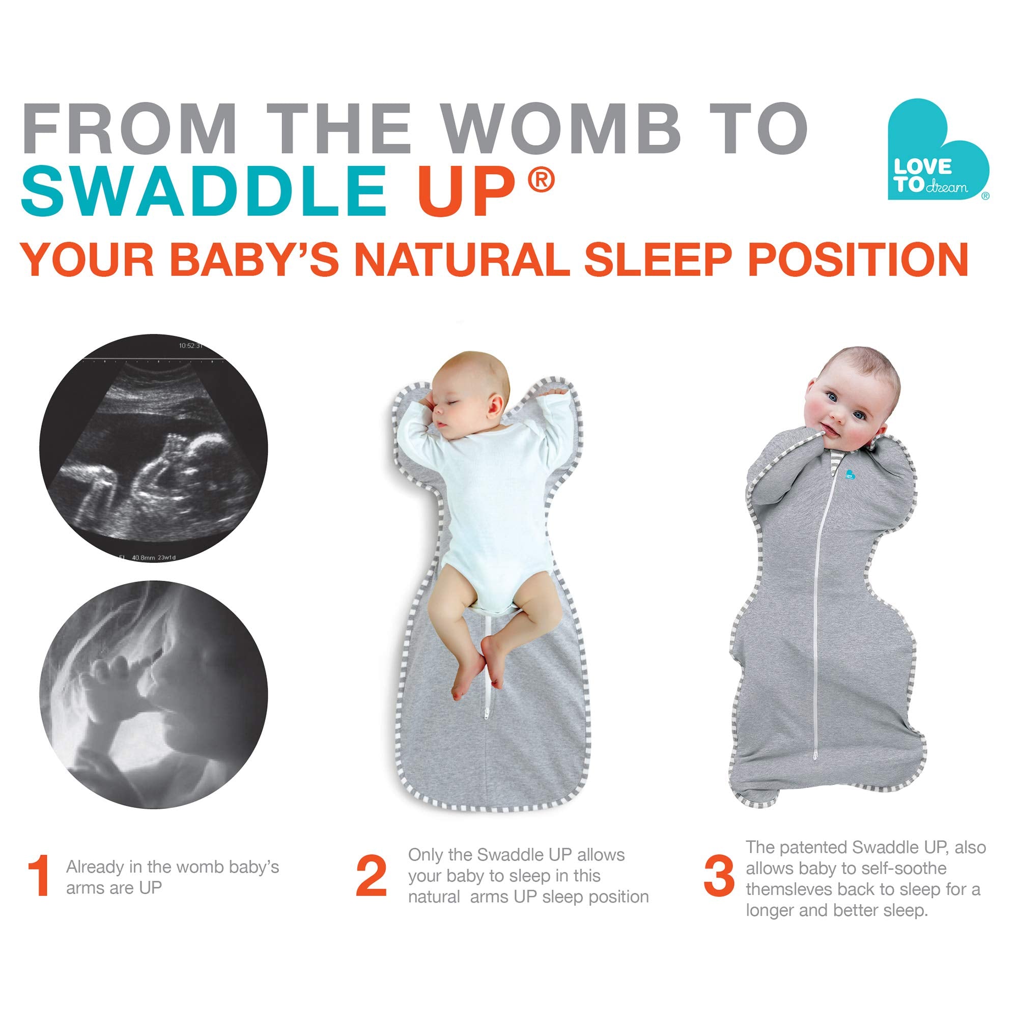 Love To Dream Swaddle Up Bamboo (2.2-3.8kg), Ideal for Moderate Temperatures (20-24°C), Arms Up Position, Self-Soothing, Hip Healthy, Twin Zipper for Easy Nappy changes, Cream