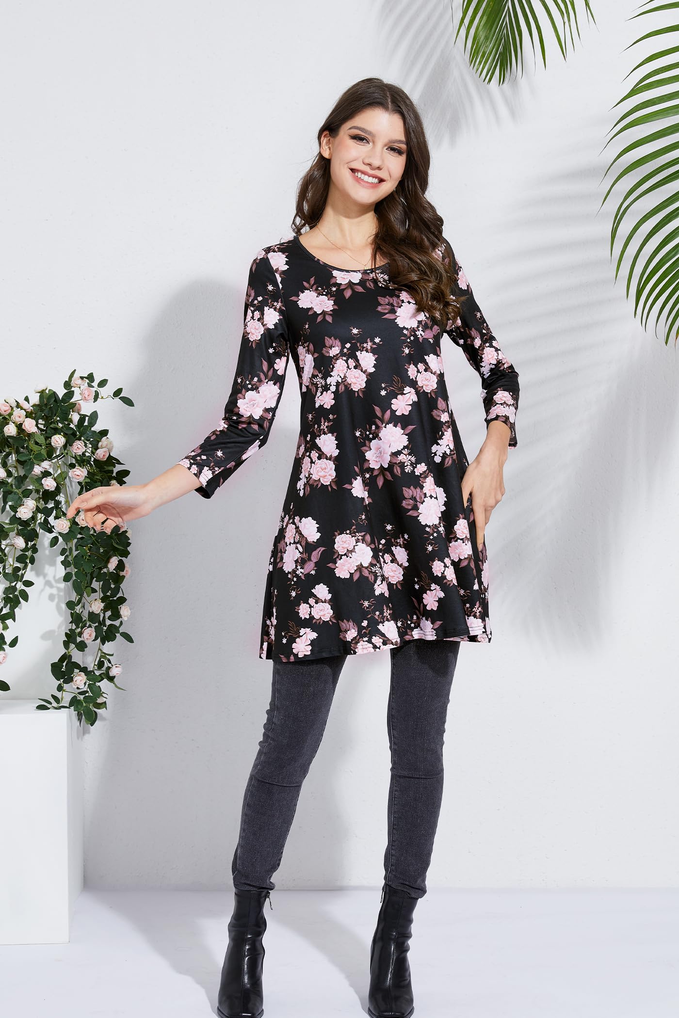 Enmain Tunic Tops for Women 3/4 Sleeve Ladies Tunics Casual Loose Long Tunic Top for Leggings Round Neck Blouses Shirts Black & Pink Flower XL