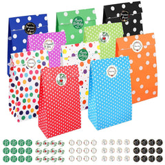 20Pcs Colourful Paper Party Bags with Stickers, Polka Dots Kraft Paper Bag, Flat Bottom Gift Bag, Goody Bags for Kids and Adults Party, Birthday, Wedding, Baby Shower, Halloween, Christmas