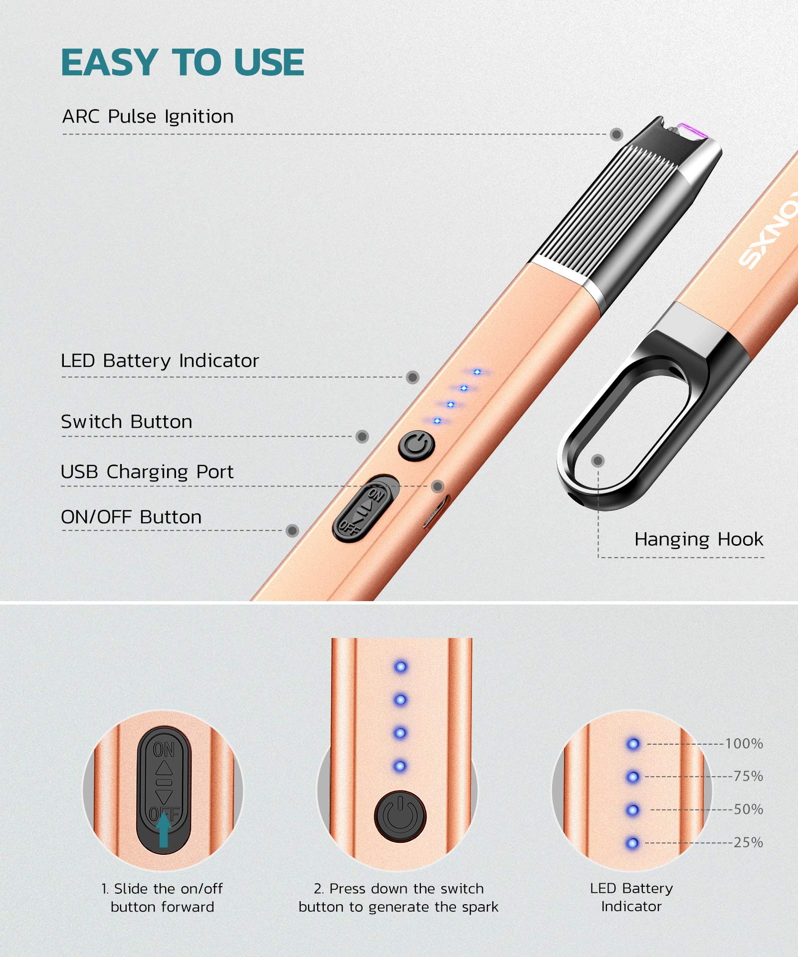 RONXS Candle Lighter, USB Electric Arc Lighter Rechargeable Electronic Lighter with Battery Indicator Flameless Windproof Lighter for Home Kitchen BBQ Camping Stove(2PCS)