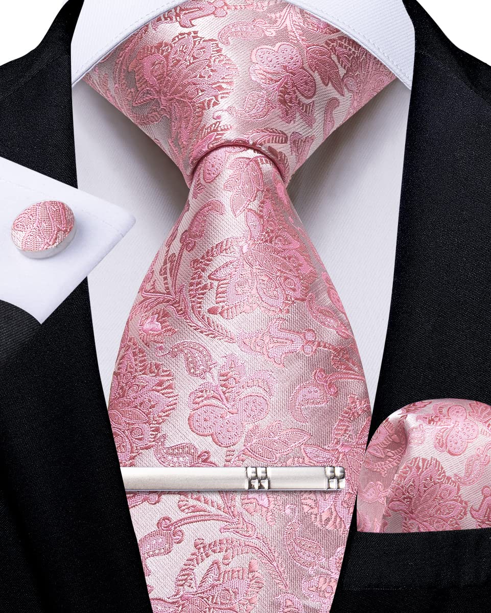 DiBanGu Pink Silk Tie Set for Men Paisley Floral Ties and Pocket Square Cufflinks Tie Clips Wedding Party Necktie