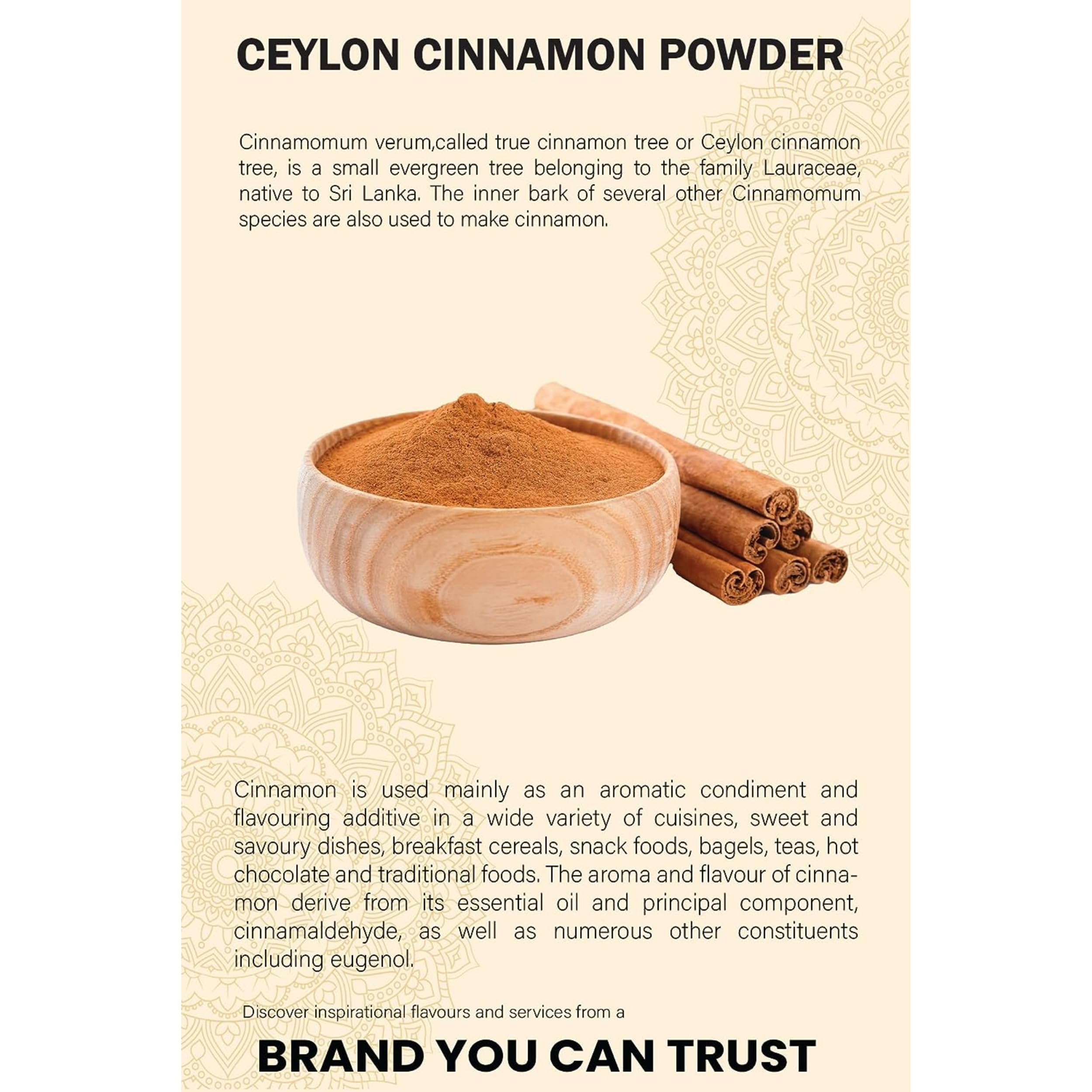 Ceylon Cinnamon Powder   Ethically Sourced 100% Authentic True Ceylon   Cinnamon Ground   Dalchini Powder   Premium Quality   Natural   Non GMO  Vegan   No additives   No Preservatives   100G