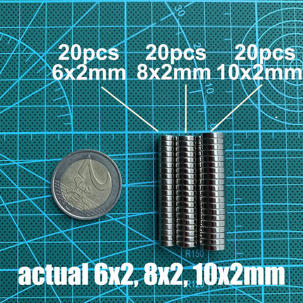 60 MEALOS Small Magnets - 20pcs 6X2mm, 20pcs 8x2mm, 20pcs 10x2mm Neodymium Magnets Rare Earth Magnets - Tiny Thin Magnets for Crafts, Miniatures,3D Printed Project, Hobby - Small Round Little Magnets