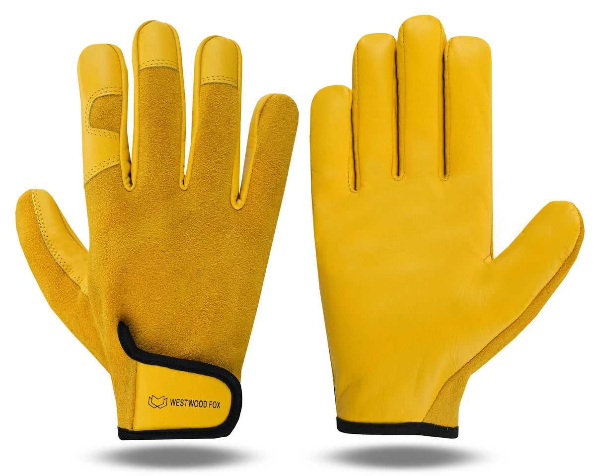 WESTWOOD FOX Ladies/Mens Leather Gardening Gloves Thorn Proof Rigger Garden work gloves, Safety Working Gloves, Premium Quality (Yellow, L)