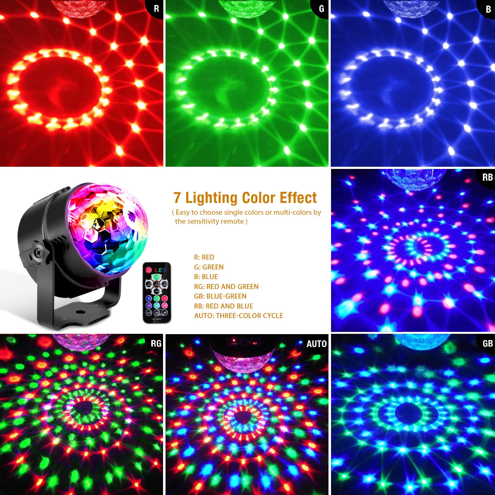 Gobikey Disco Lights, 360°Rotation Sound Activated 【Portable 】Disco Ball Lights with 4M/13ft USB Power Cable, 3W RGB Party Lights with Remote Control for Kids Birthday/Family Gathering/Party/Home