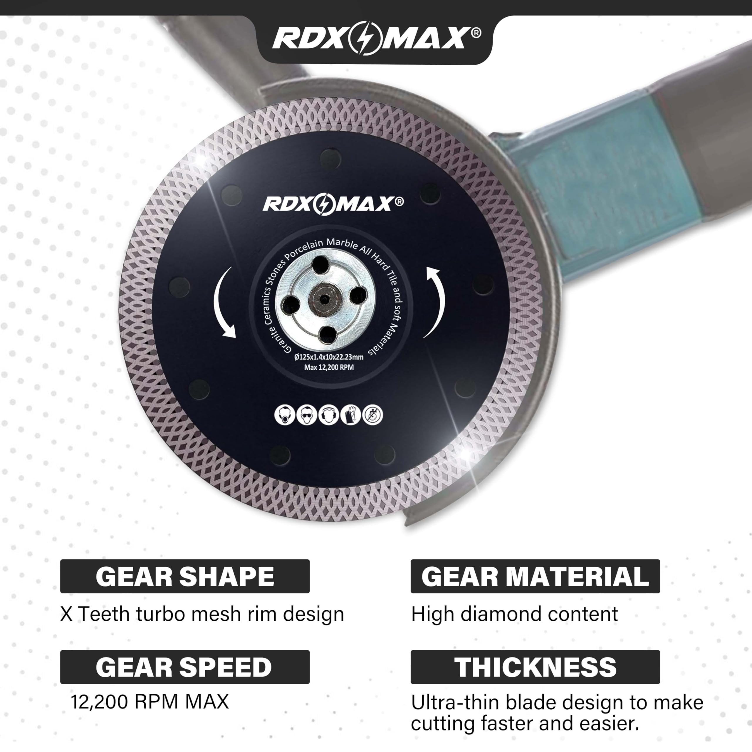 RDXMAX ® 125mm Diamond Cutting Discs for Angle Grinder - Super Thin Fast, Clean Cut on Porcelain, Granite, Marble, Concrete, Tiles, Stones, Bricks & Ceramics- 4.5 inches Wheel - Size 125 x 1.4 x 22.23mm