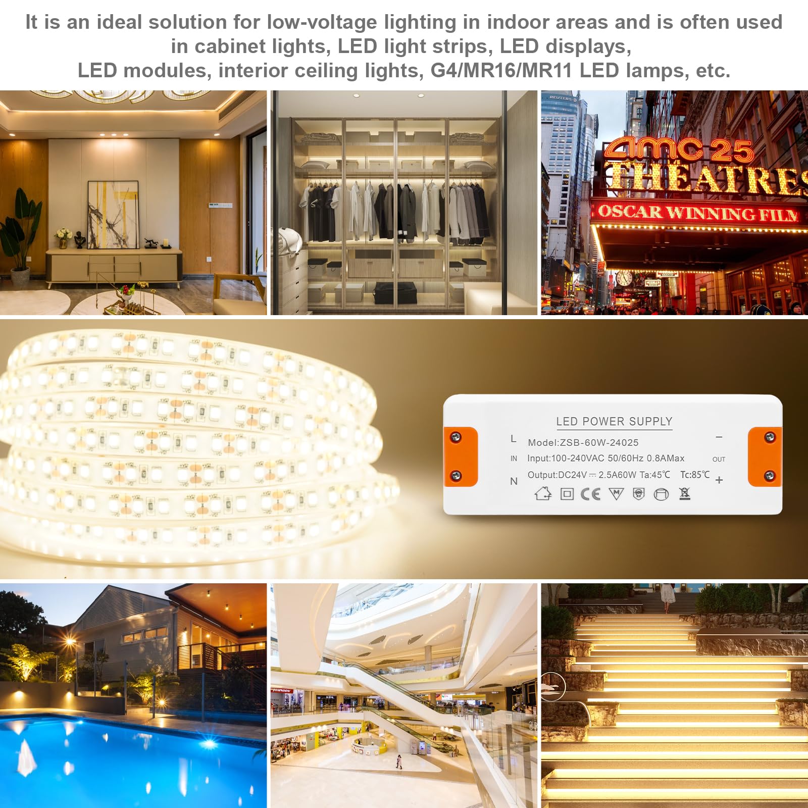 led driver 24v 2.5a 60w, 24v led driver, 240v to 24v transformer, Constant Voltage Driver Adapter, 24v 2.5a driver, led transformer 2.5a 60w, 24v power supply for G4 GU5.3 MR11 MR16 LED Strips Light