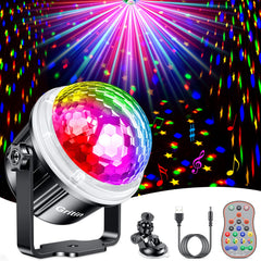 Gritin Disco Lights, 360°Rotation Music Activated Disco Ball Lights with 4M/13ft USB Cable & Remote Control - [ Dynamic Star Pattern Effect ] 3W RGBY Party Lights for Kids Birthday,Home Gathering,etc