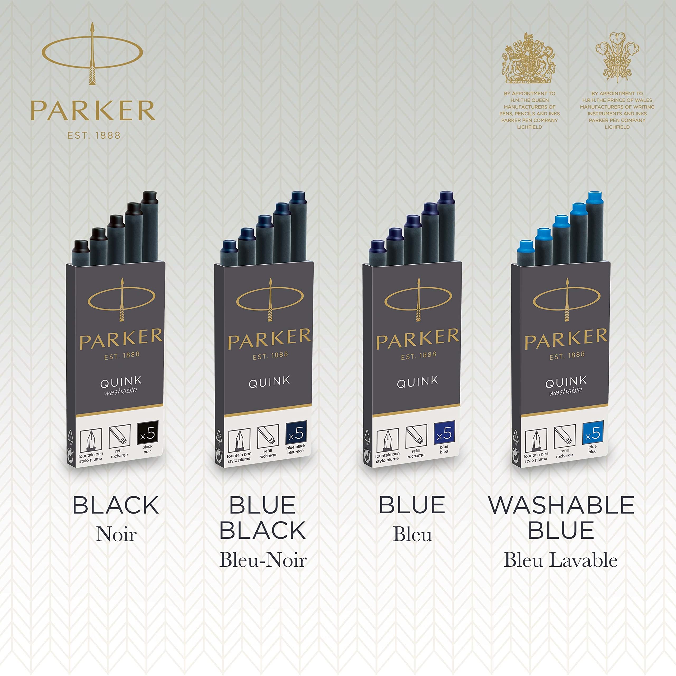 Parker Fountain Pen Ink Refill Cartridges   Long   Washable Blue QUINK Ink   10 Count (Blister)