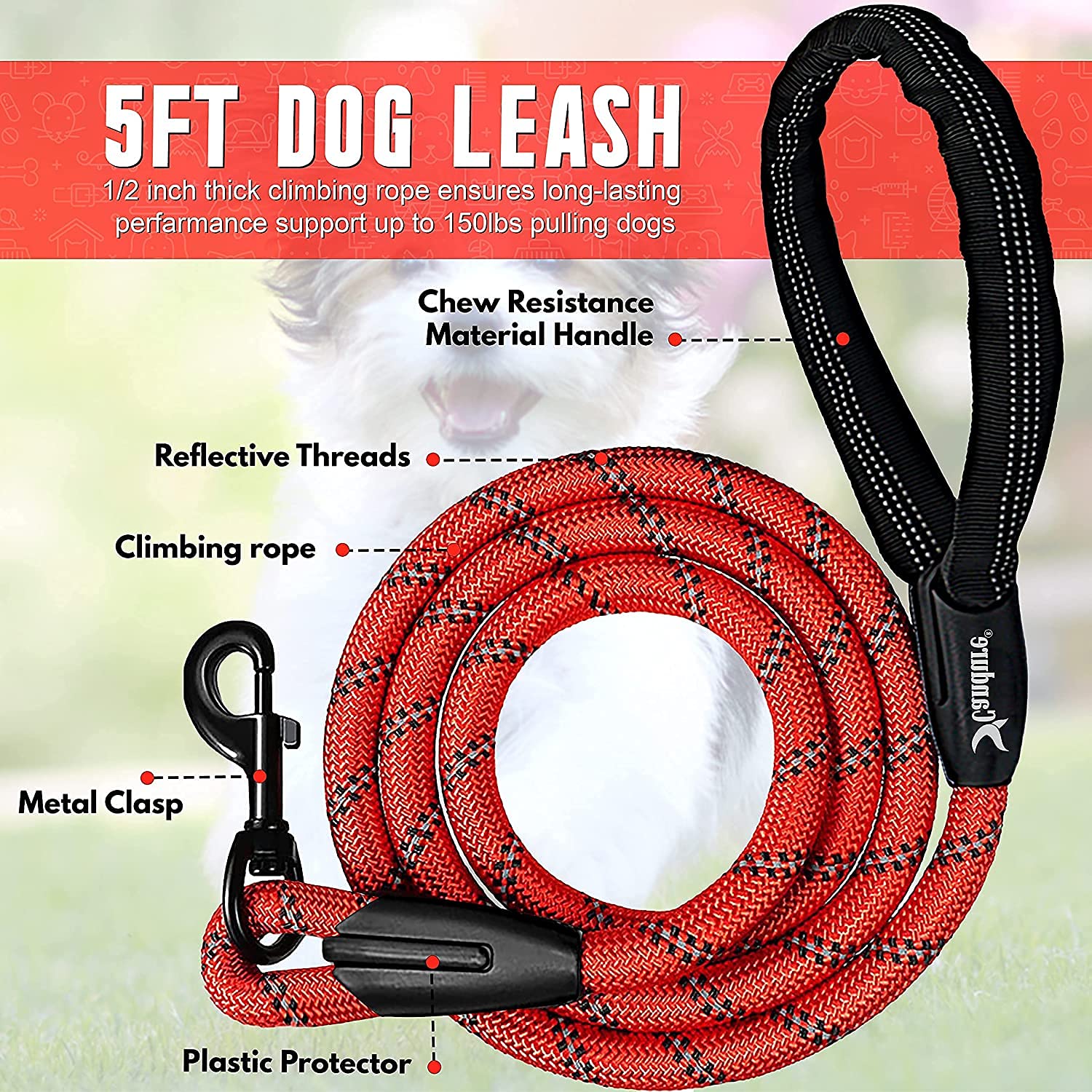 Candure Dog Lead with Soft Padded and Anti Slip Comfortable Rope Handle, 5 FT Strong Dog Leads, Highly Reflective Dog Leash for Puppy, Medium and Large Dogs (Red)