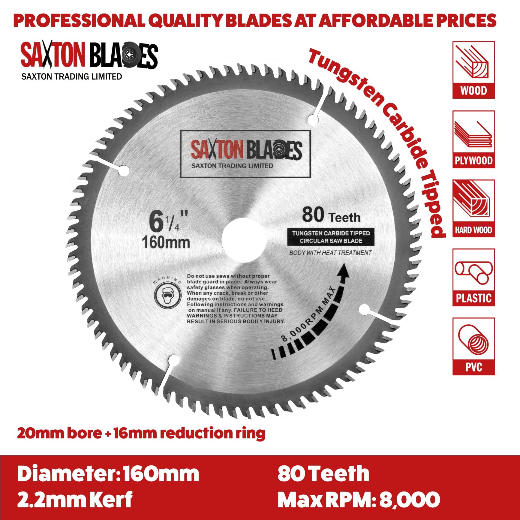 TCT16080T Saxton TCT Circular Wood Saw Blade 160mm x 80t for Festool TS55 Bosch Makita Dewalt