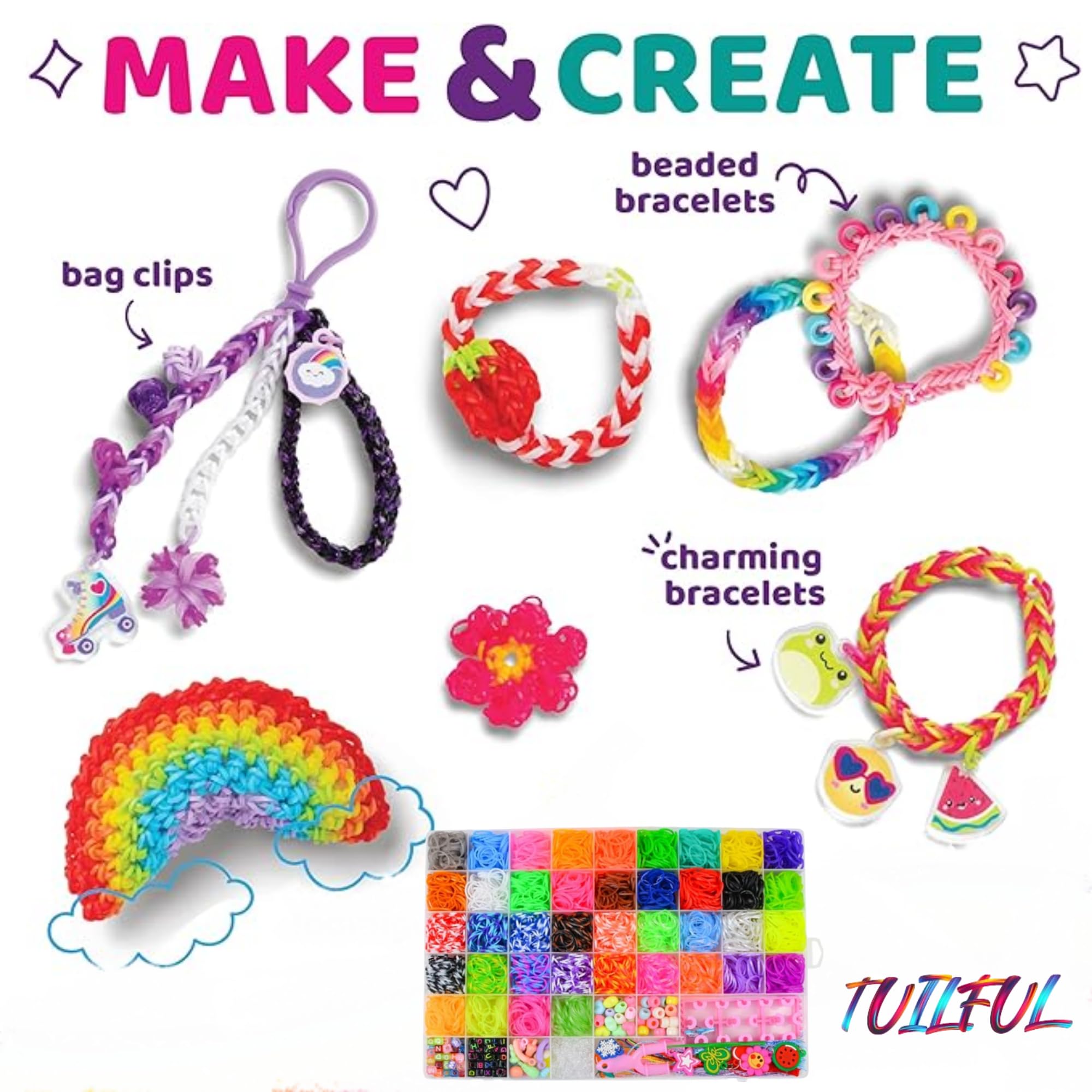 Tuilful Loom Bands Kit 5000and in 40 Vibrant Colours Loom Bands Friendship Bracelet Kit for Boys and Girls Includes Loom Bands Alphabet Beads S Hooks with Storage Box DIY Craft Gift (5000)