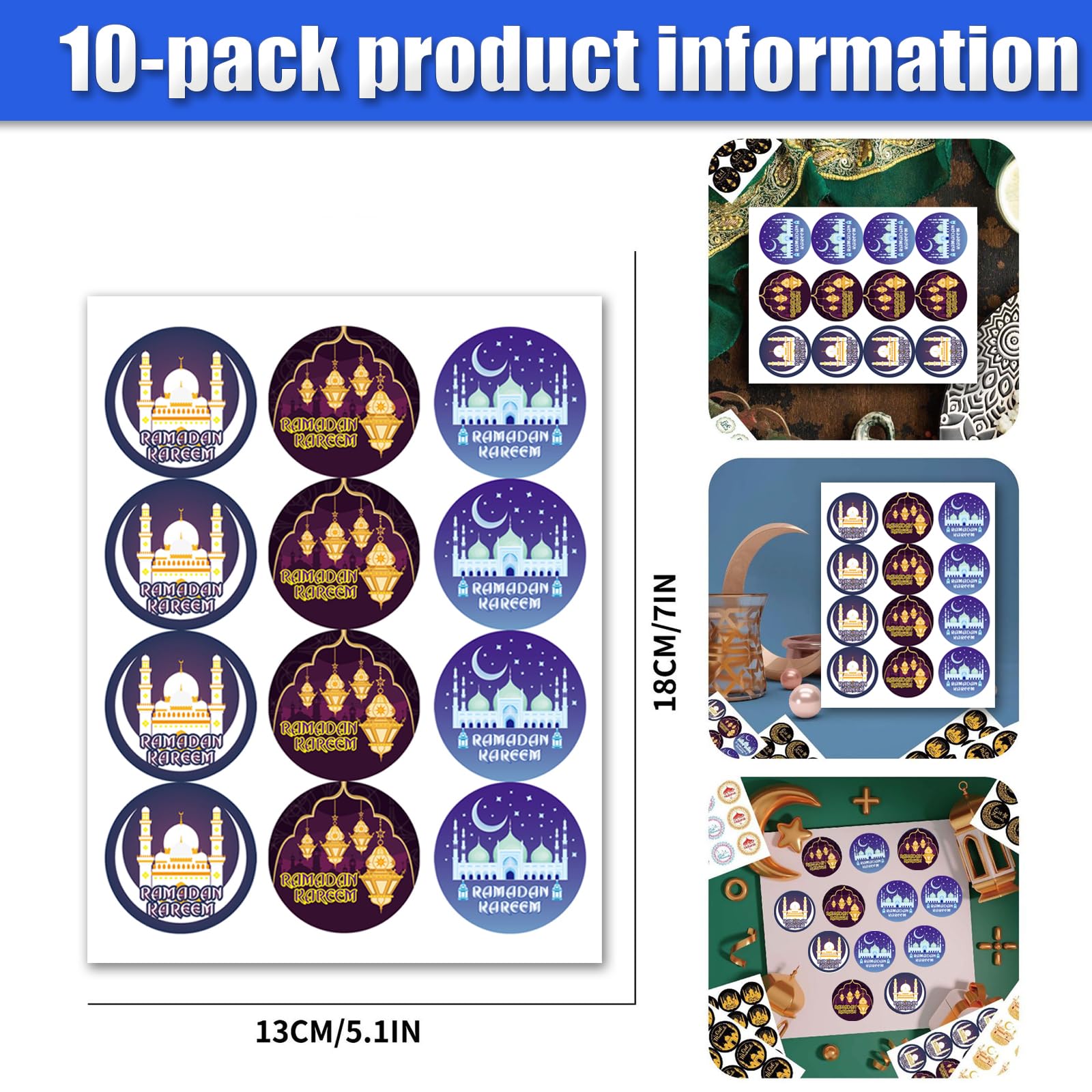 Eid Mubarak Stickers,10sheets Islamic Ramadan Mubarak Stickers Ramadan Gift Tags Sealing Labels Muslim Party Supplies Sticker Crafts for Children Kids Cookies Candy Envelopes Activity Classroom Reward